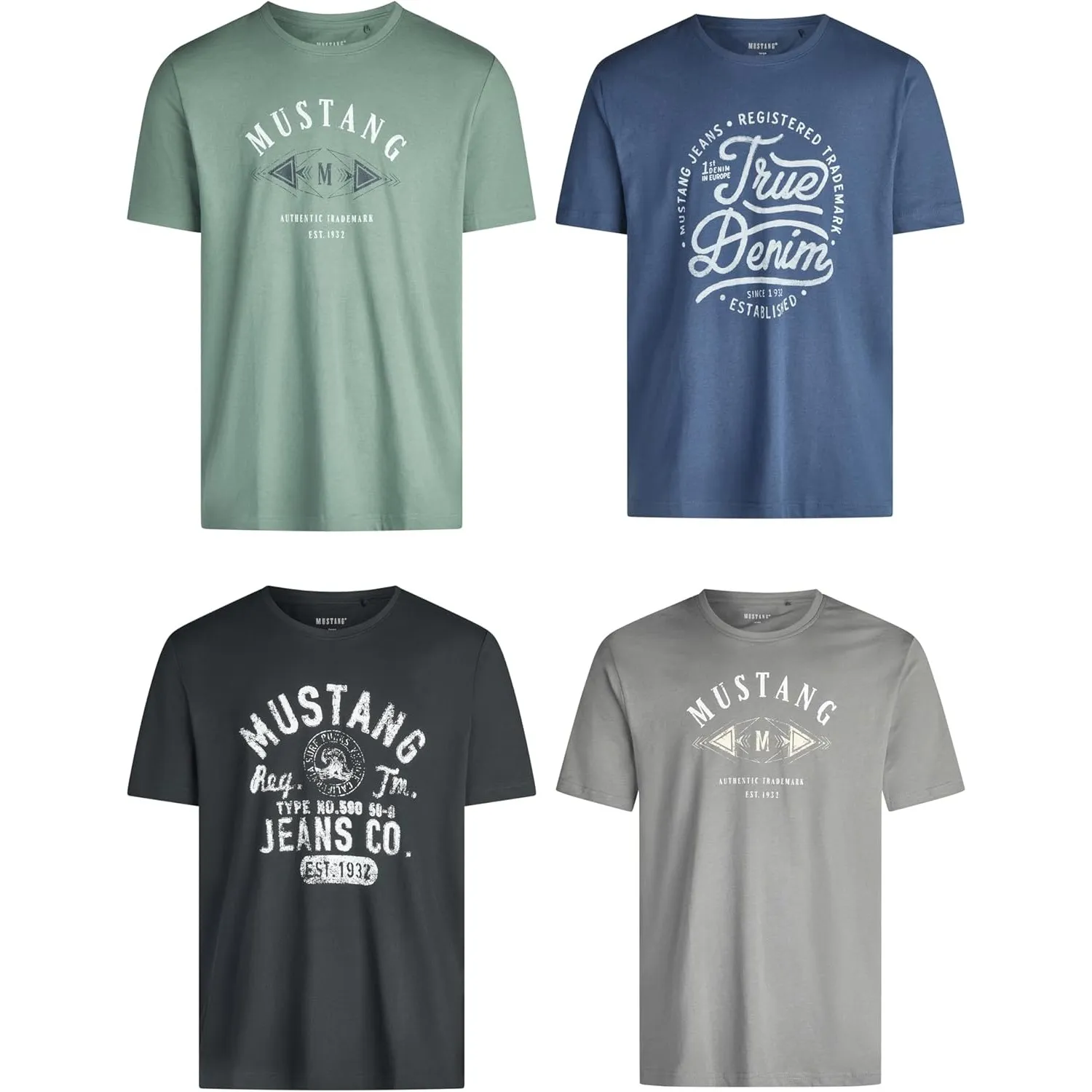 MUSTANG Tshirt Herren Baumwolle Regular Fit 4er Pack Set Rundhals Kurzarm Sommer Tee Shirt Logoprint Schwarz Weiß Grau …