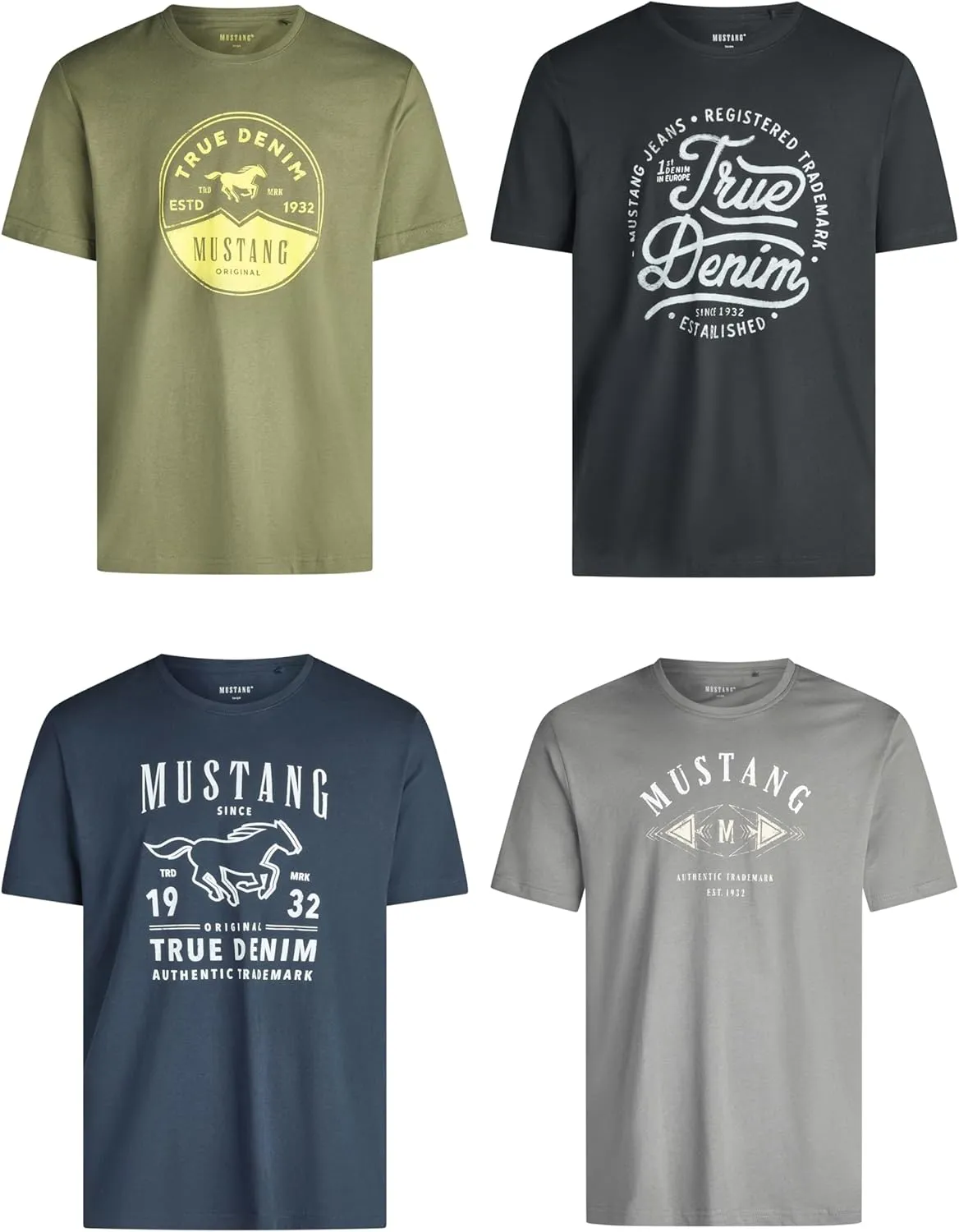 Mustang Men's T-shirt, Pack of 4, Front Print, Round Neck, Short Sleeves, Regular Fit, 100% Cotton, Black, White, Grey,…