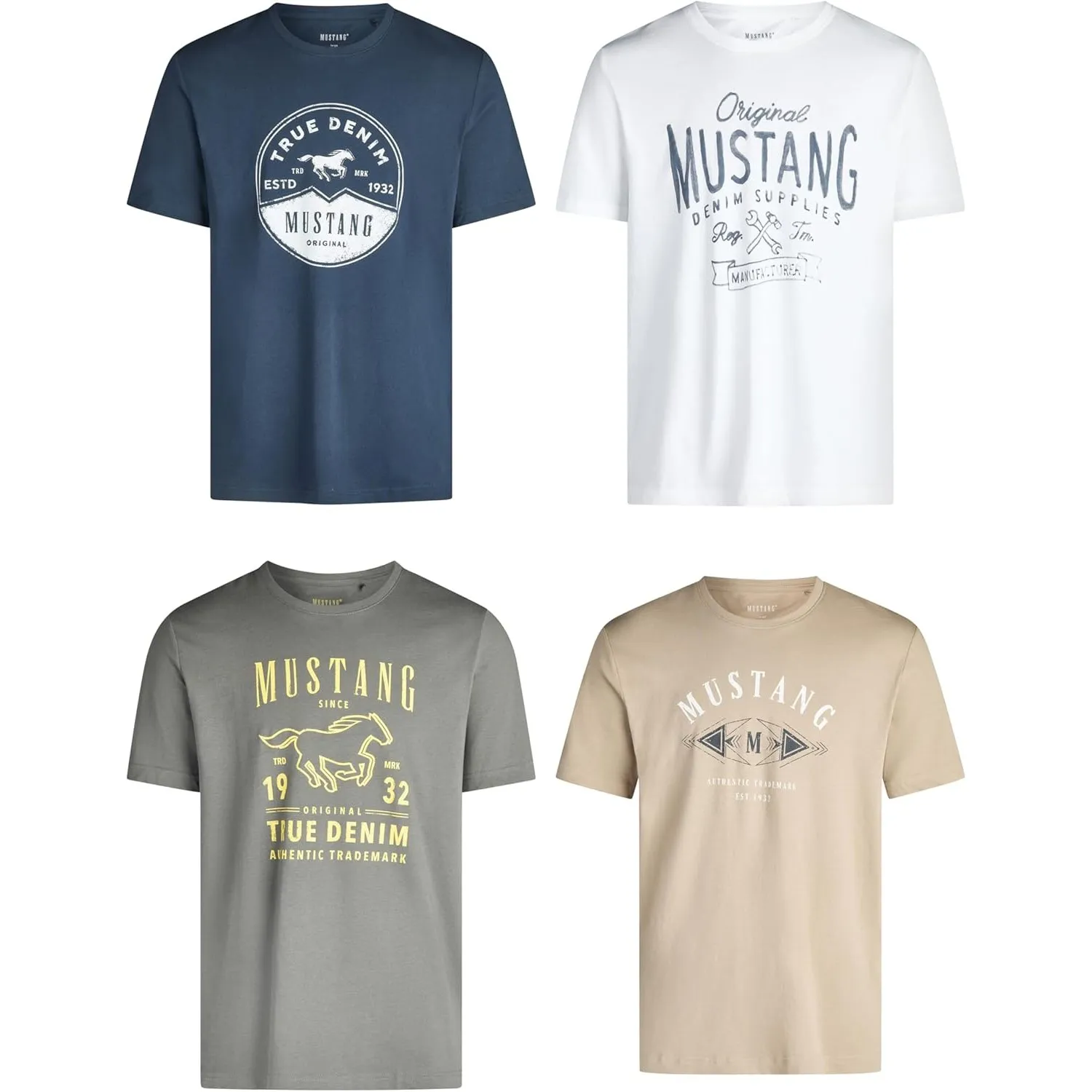 MUSTANG Tshirt Herren Baumwolle Regular Fit 4er Pack Set Rundhals Kurzarm Sommer Tee Shirt Logoprint Schwarz Weiß Grau …