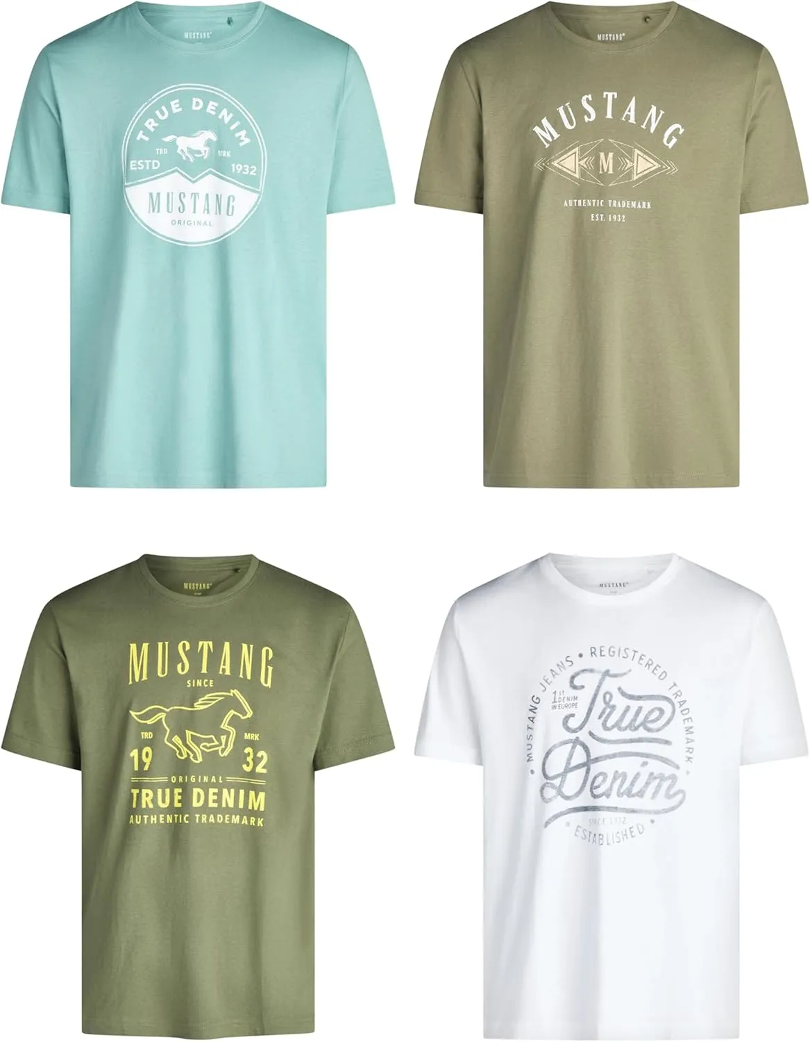 Mustang Men's T-shirt, Pack of 4, Front Print, Round Neck, Short Sleeves, Regular Fit, 100% Cotton, Black, White, Grey,…