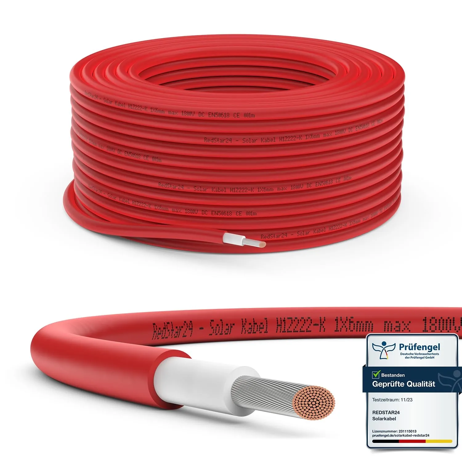 RedStar24 Premium Solarkabel 6mm² Rot - 50m - TÜV SÜD geprüft - UV-beständig, flexibel, Photovoltaik Kabel, PV Kabel, S…