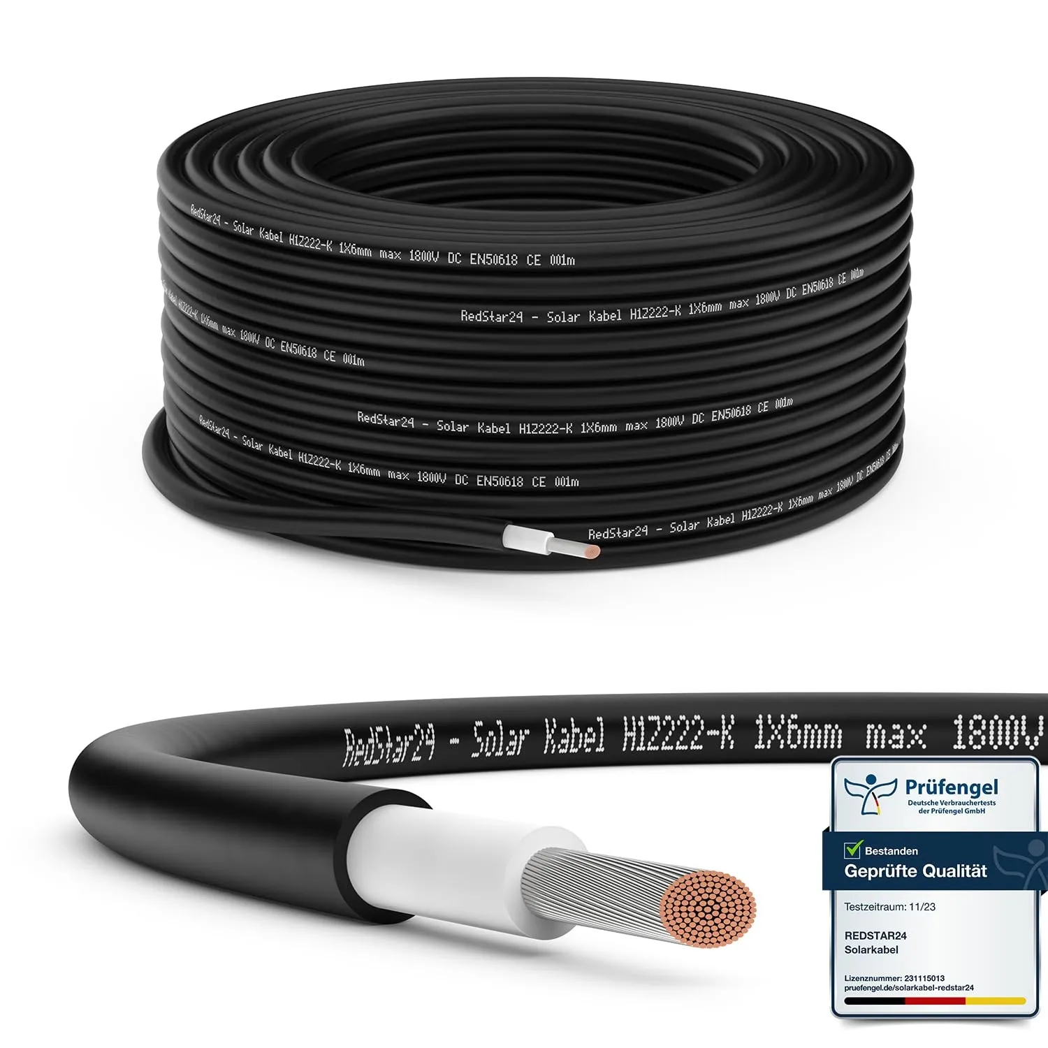 RedStar24 Premium Solarkabel 6mm² Schwarz - 50m - TÜV SÜD geprüft - UV-beständig, flexibel, Photovoltaik Kabel, PV Kabe…
