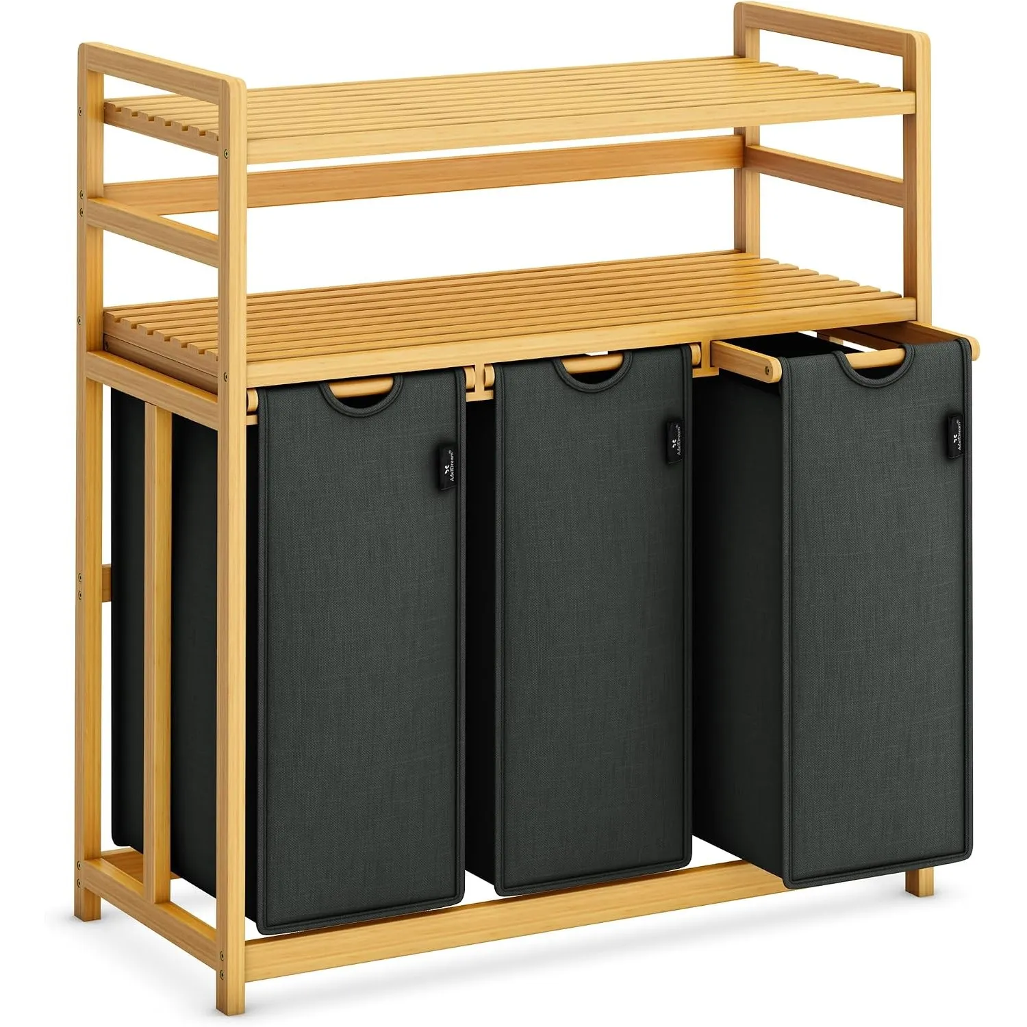 AdelDream Wäschekorb 150L, 3 Fächer Wäschesammler, 2 Ablagen, Bambus