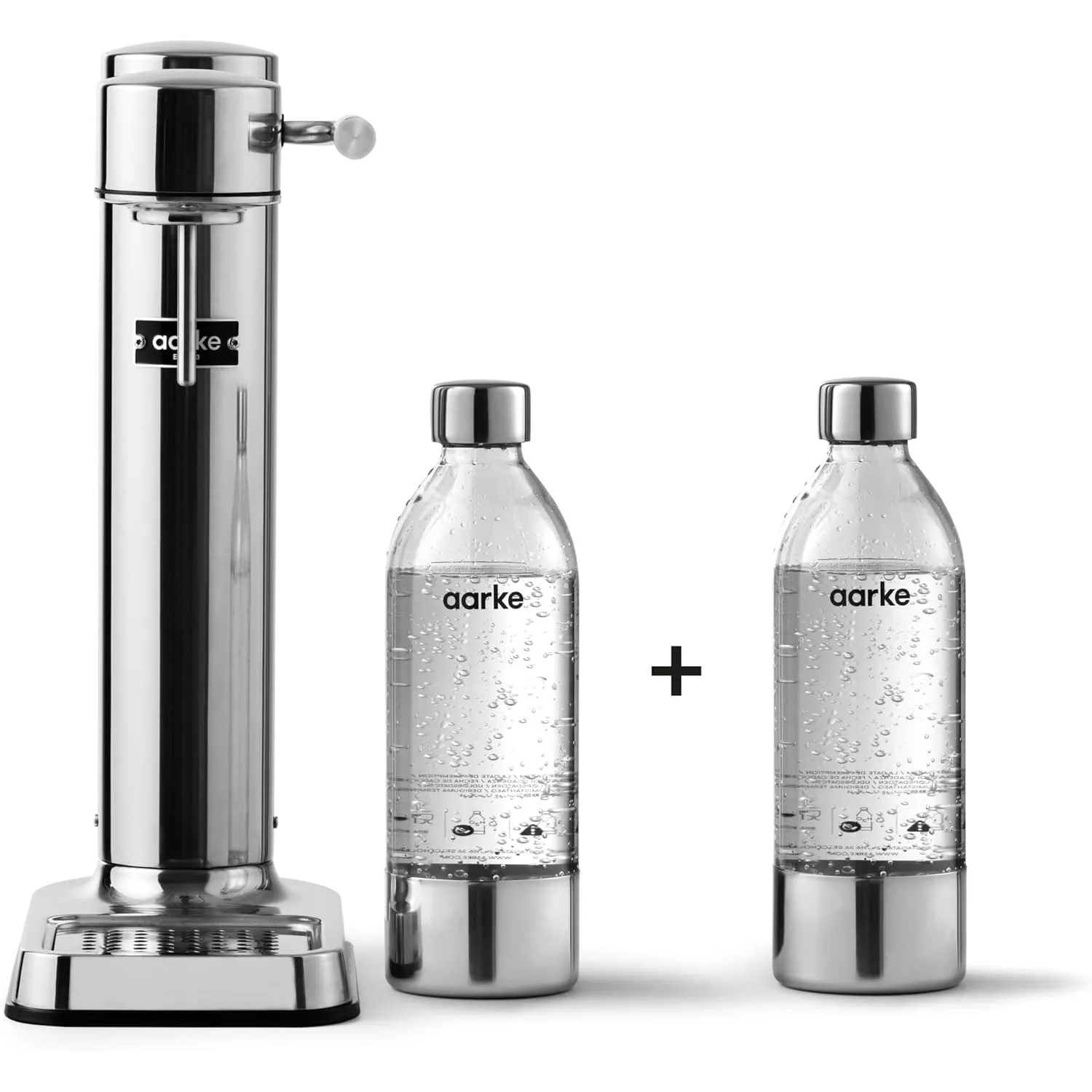 Aarke Carbonator 3, Wassersprudler, Edelstahl-Finish, 2 x BPA-freie 1L PET-Flasche, kompatibel mit 60L CO2