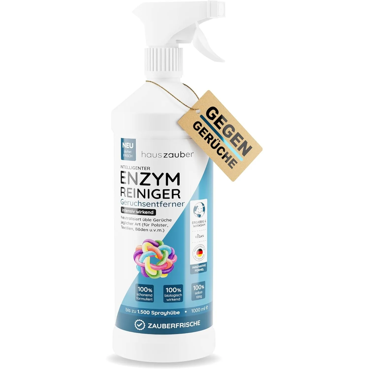 hauszauber - Enzymreiniger [STARKER GERUCHSENTFERNER] 1000 ml - Gegen Katzenurin, Hundeurin etc. - Üble Gerüche aus Sof…