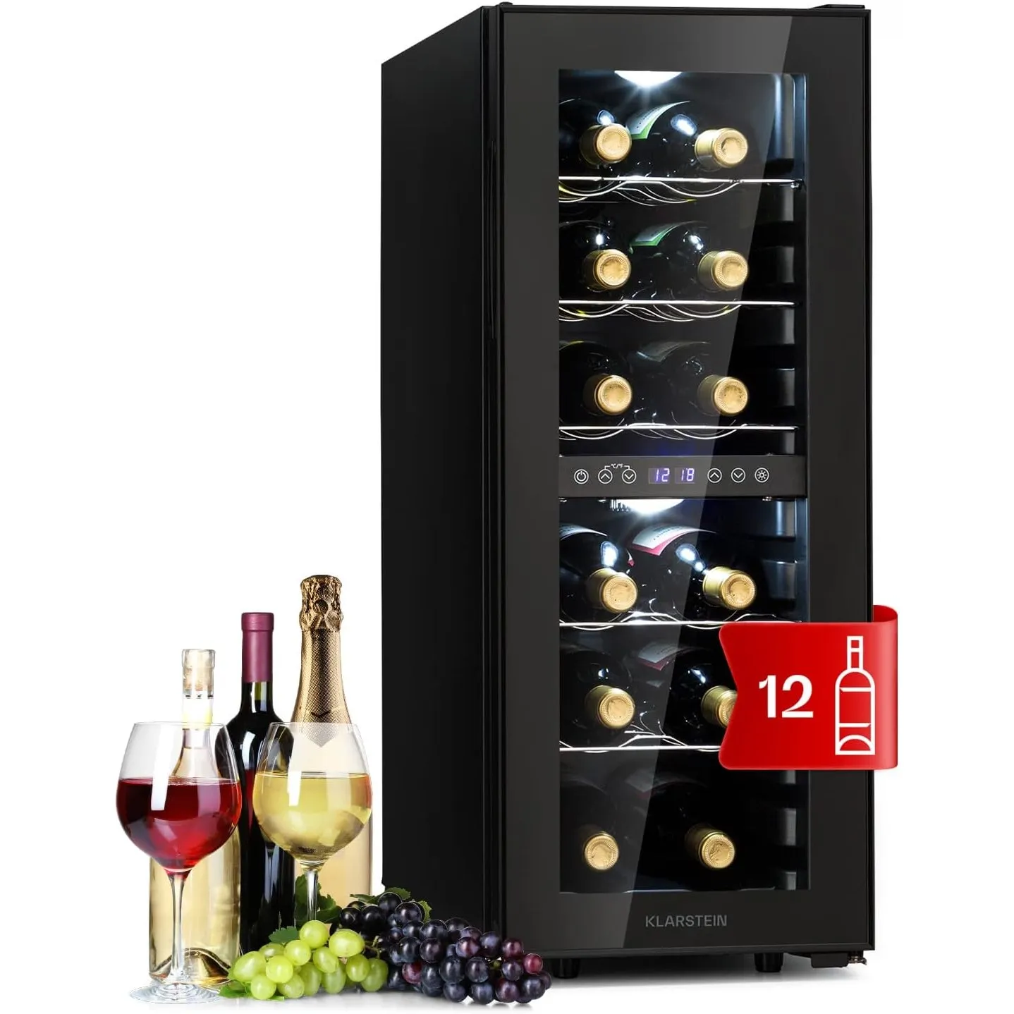 Klarstein Shiraz Weinkühlschrank Schwarz – 12 Flaschen, 42 L, 2 Zonen | Getränkekühlschrank mit Glastür, freistehend, l…