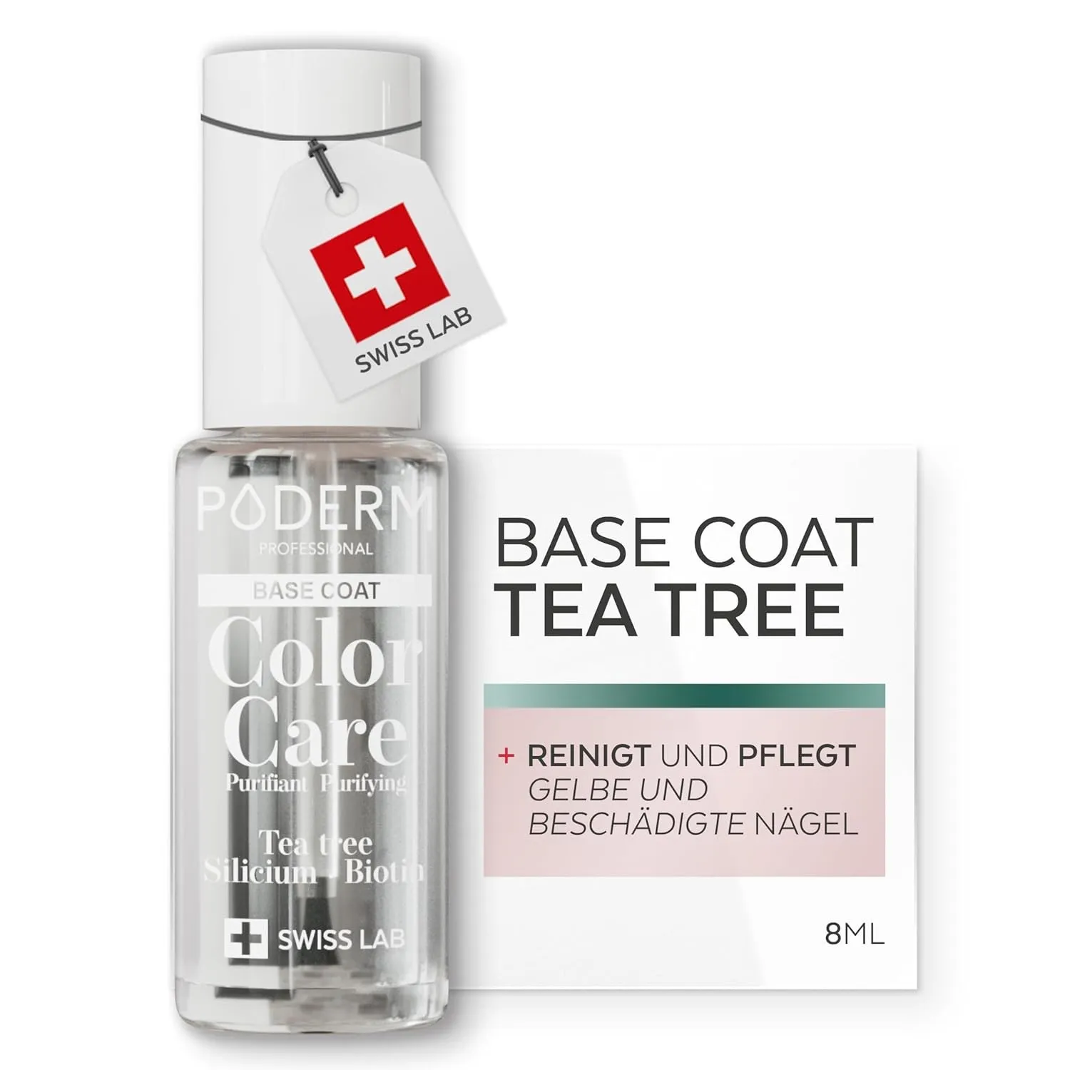 PODERM Pflegelack mit Tea Tree - Base Coat | Swiss Lab - 8ML | Angereichert mit Tea Tree, Silizium & Biotin | Reinigt, …
