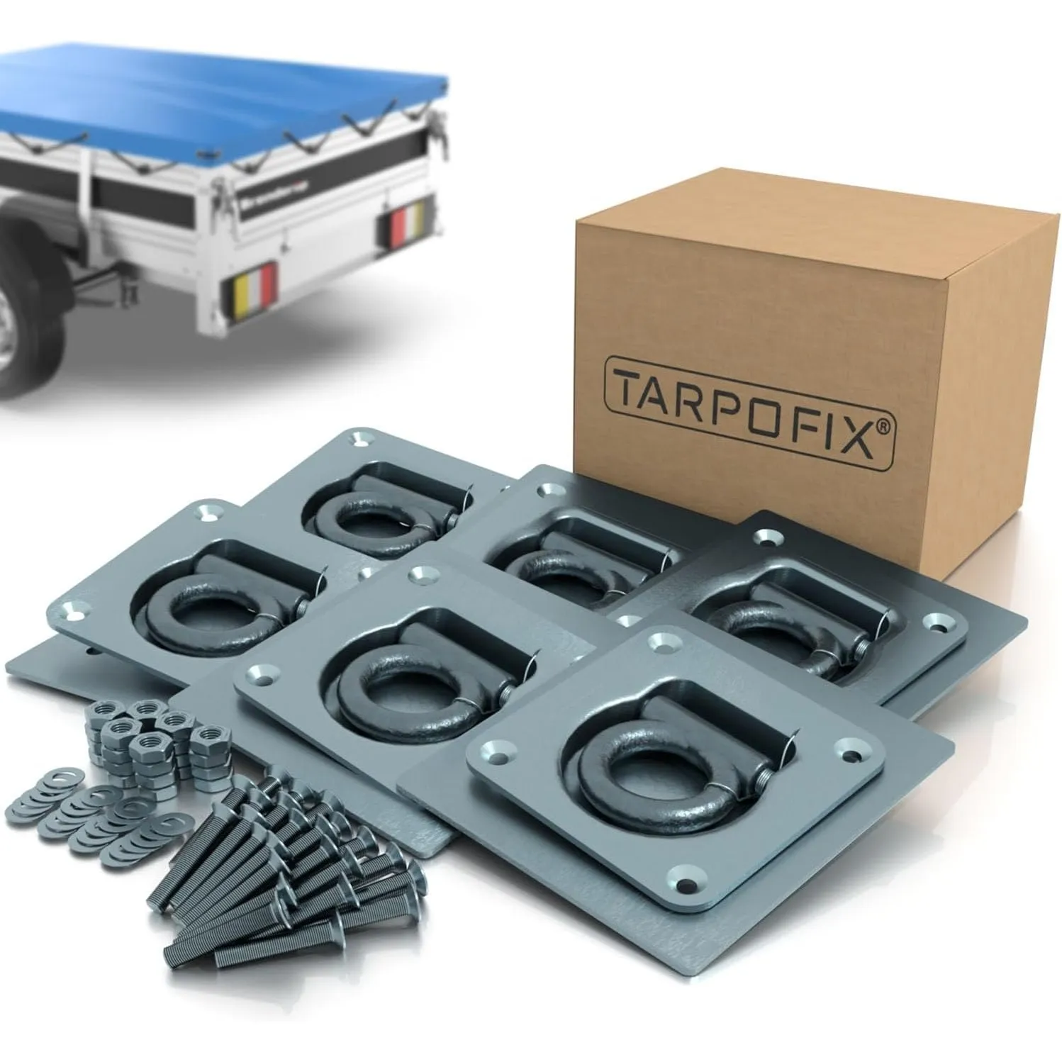 Tarpofix® Anhänger Zurrösen mit Gegenplatten & Schrauben | 6 Stück 800 daN