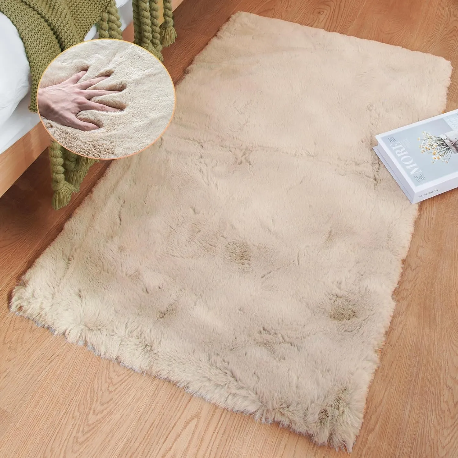 ORINOVA Teppich Schlafzimmer Beige Waschbar Flauschig 60x90 cm Fellteppich Kunstfell Wohnzimmer Kinderzimmer Teppich We…