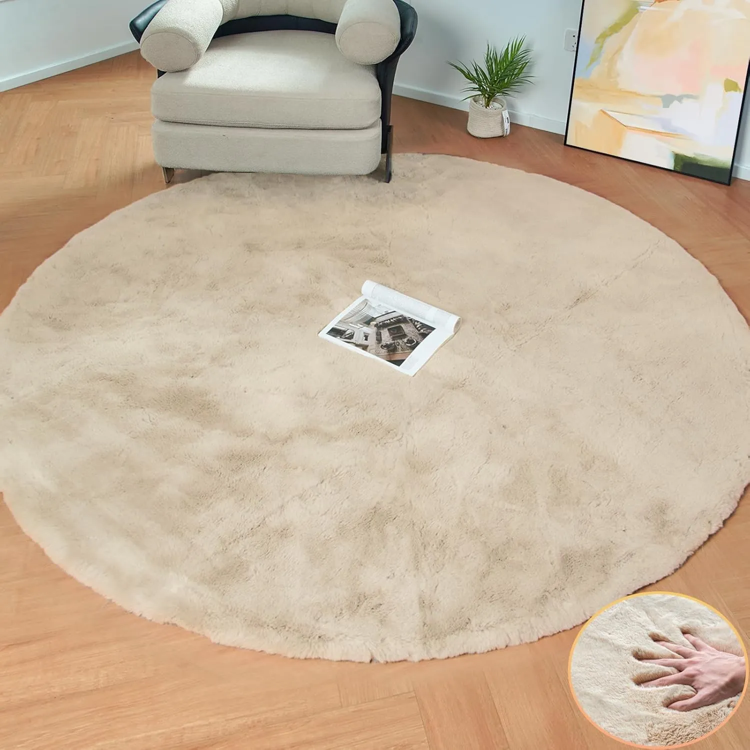 ORINOVA Runder Teppich Beige Fellteppich Flauschiger Kunstfell 150 cm Teppich Schlafzimmer Kinderzimmer Wohnzimmer Weic…