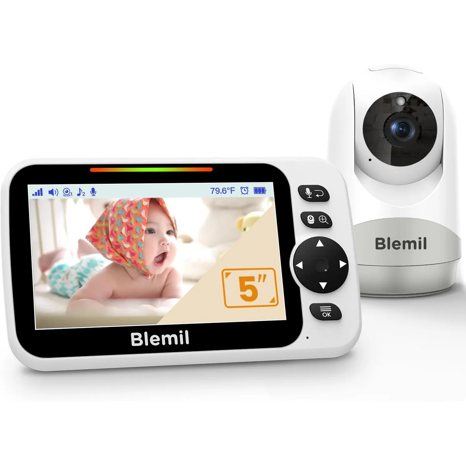 Blemil Babyphone mit Kamera und Audio 30 Stunden wiederaufladbare Batterie, 5" großer Bildschirm, ferngesteuerte Schwen…