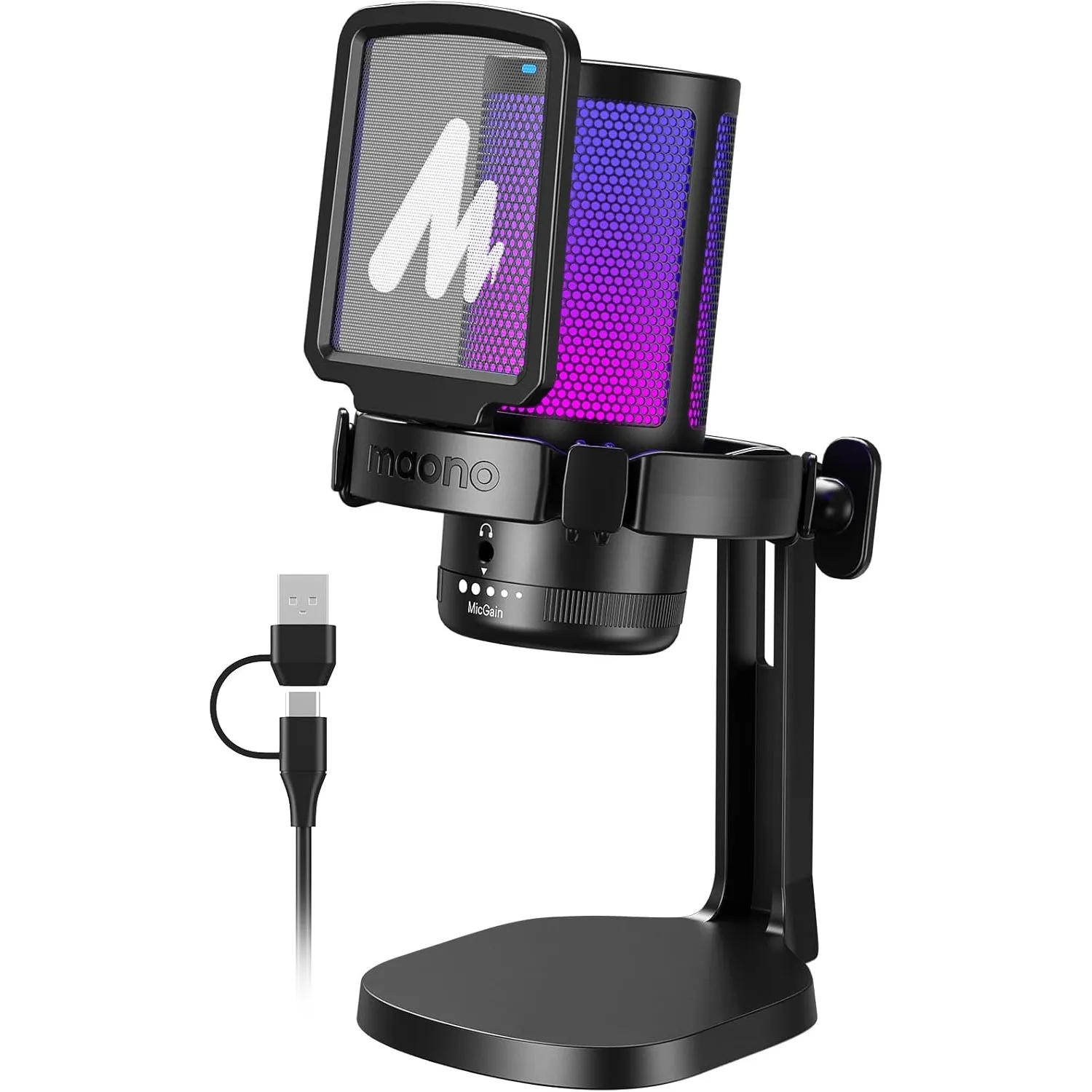 MAONO USB Gaming Mikrofon, Noise Cancellation Kondensator Microphone mit Mute, Gain, Monitoring, Pop-Filter für Streami…