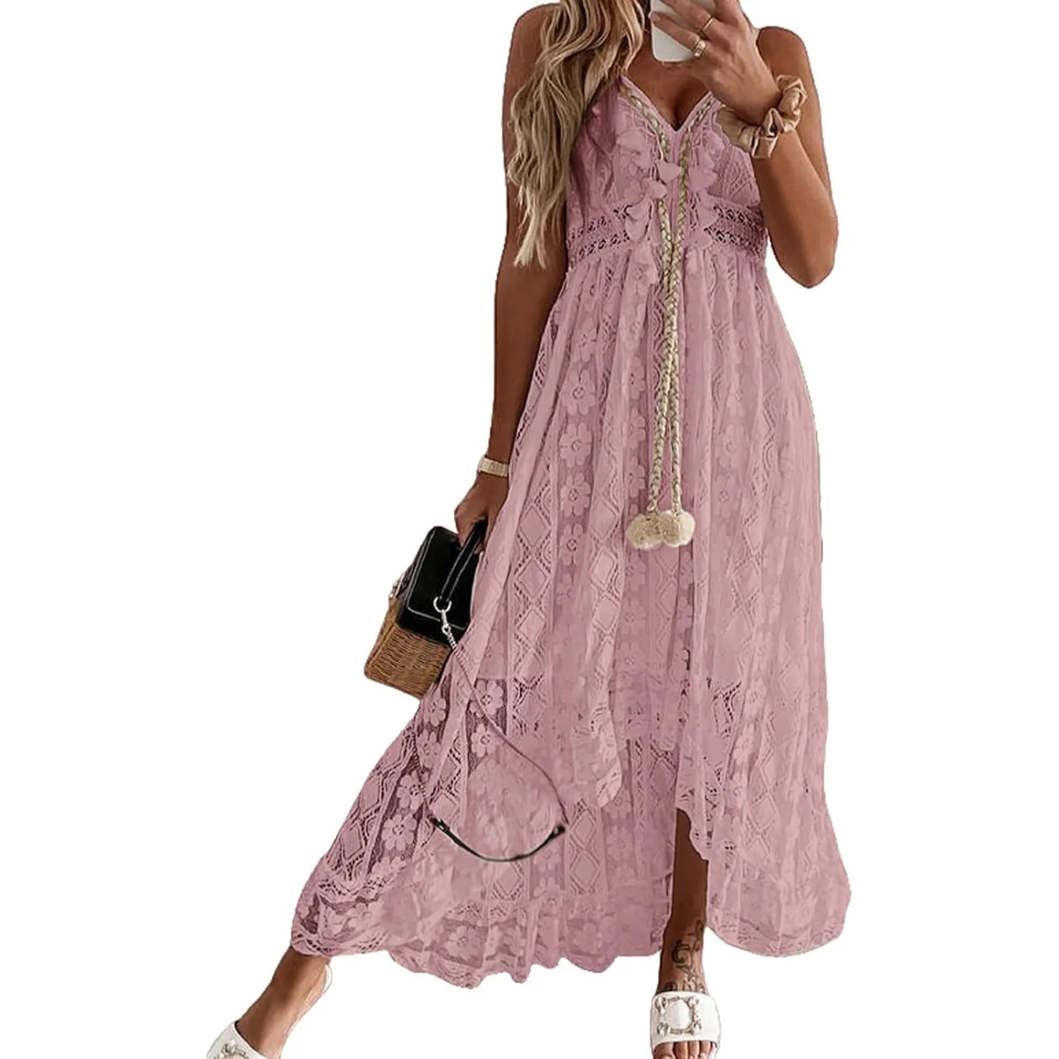 CUPSHE Damen Sommerkleid Boho Spitze V Ausschnitt Ärmellos Strandkleid | Maxikleid mit floraler Spitze, dekorativen Qua…