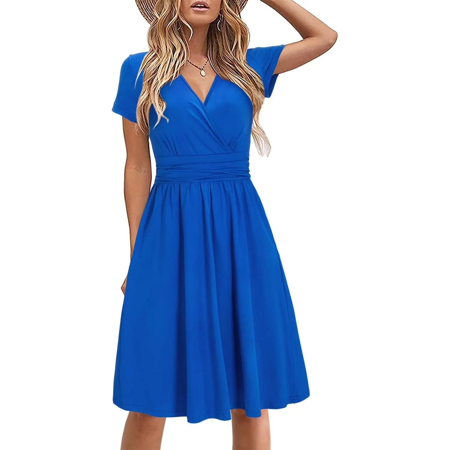 STYLEWORD Damen Sommerkleid Kurzarm V-Ausschnitt Kleider Blumenmuster Kleid Wickelkleid Mit Taschen