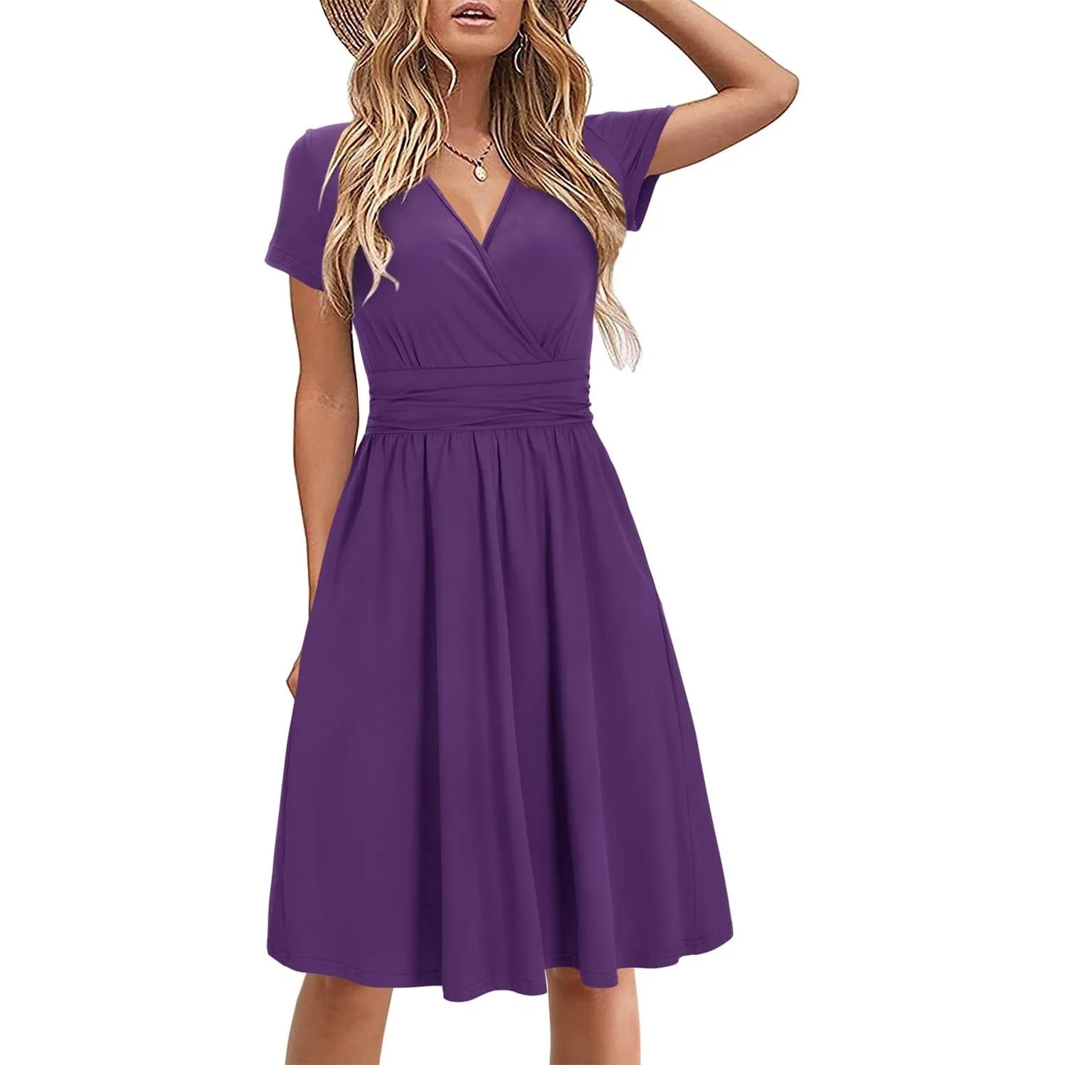 STYLEWORD Damen Sommerkleid Kurzarm V-Ausschnitt Kleider Blumenmuster Kleid Wickelkleid Mit Taschen
