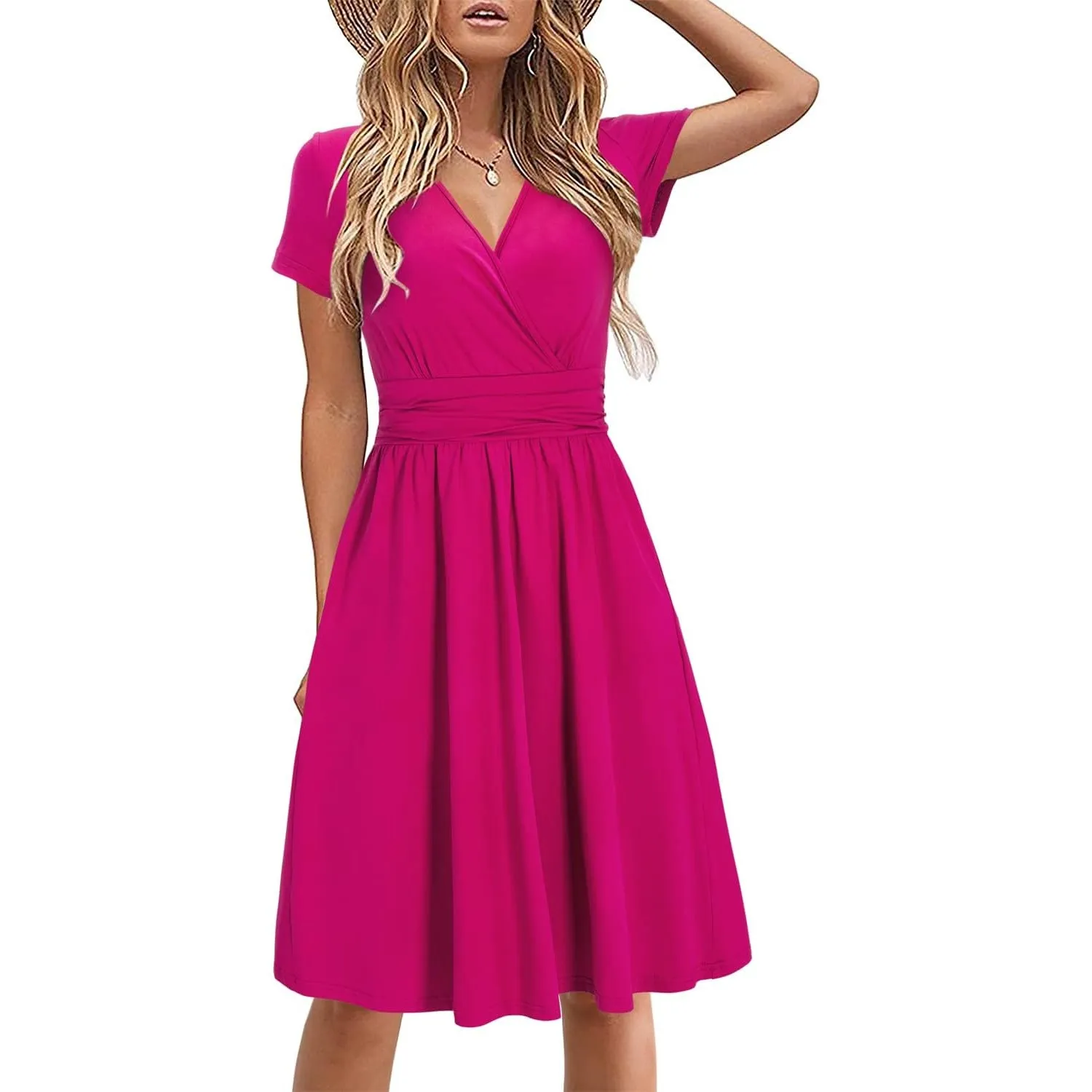 STYLEWORD Damen Sommerkleid Kurzarm V-Ausschnitt Kleider Blumenmuster Kleid Wickelkleid Mit Taschen