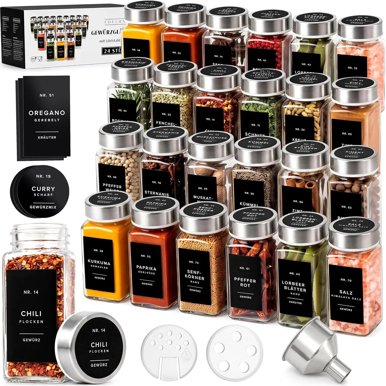 EDELHAUS Gewürzgläser Eckig Set 24x120ml mit Edelstahl Deckel 240 Etiketten