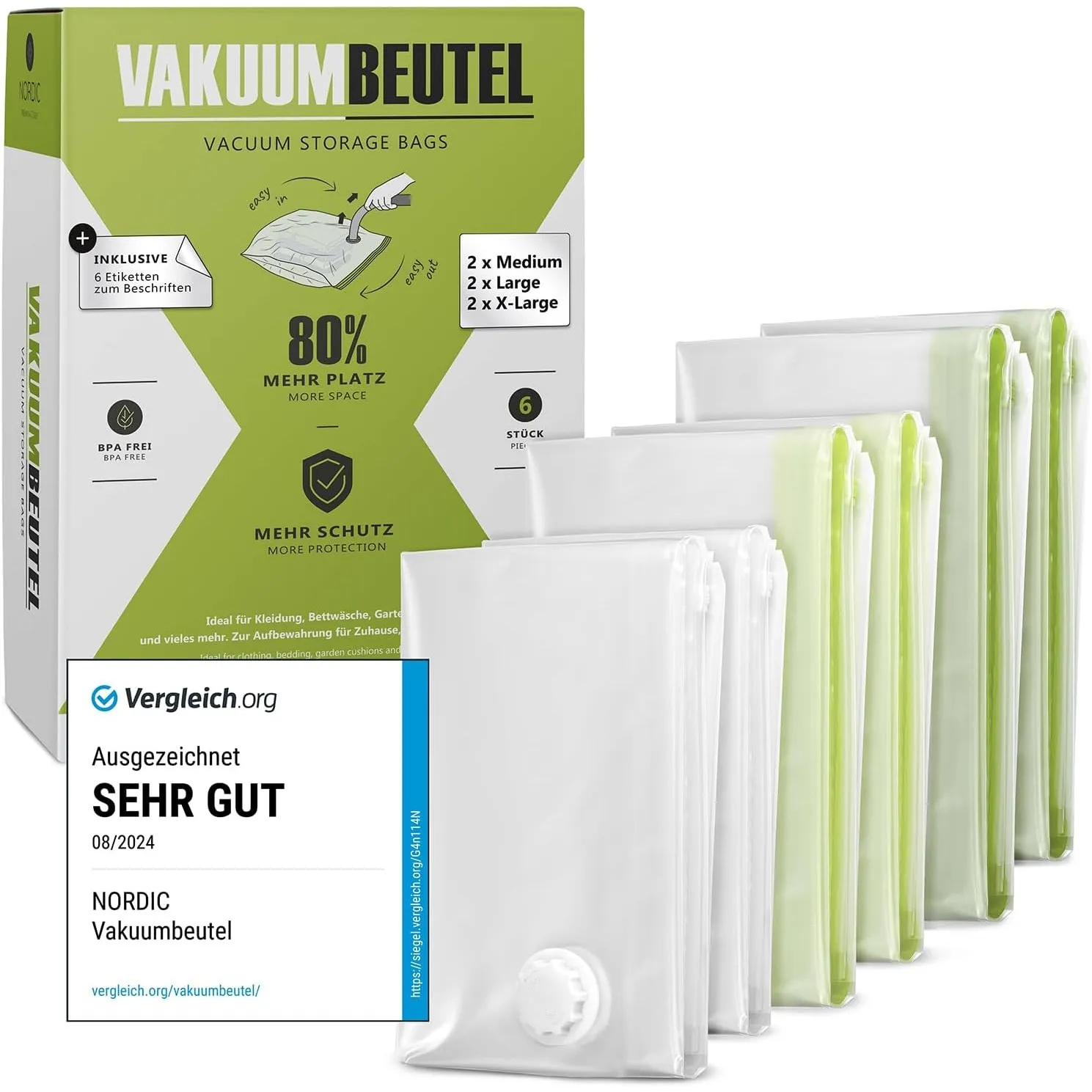 NORDIC® Vakuumbeutel 6 Stück (2M + 2L + 2XL) – BPA Frei INKL. ETIKETTEN - Vakuumbeutel für Kleidung, Bettdecken und vie…