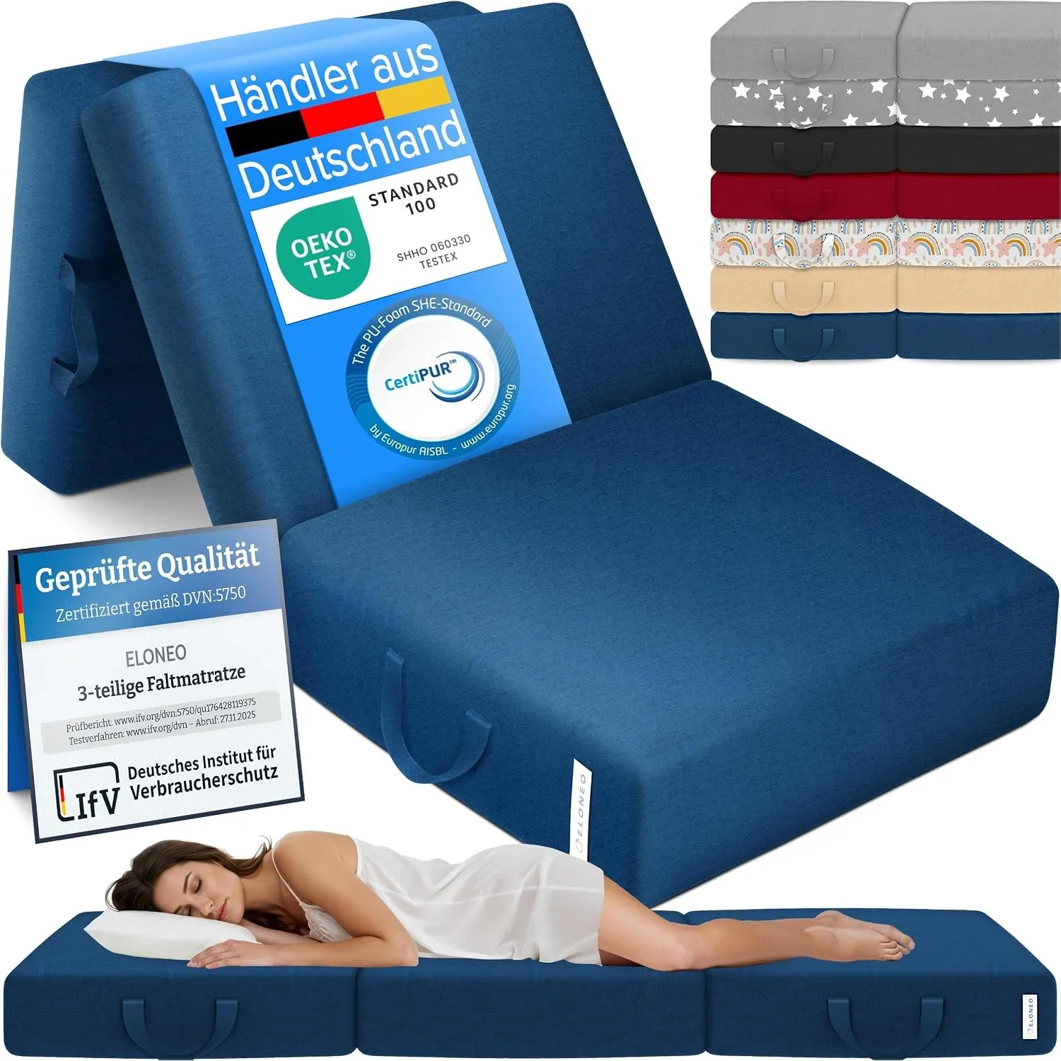 ELONEO Klappmatratze, Gästematratze, 3-teilige Faltmatratze, Schaumstoff extra dick (15cm), waschbar, Bandscheibenwürfe…