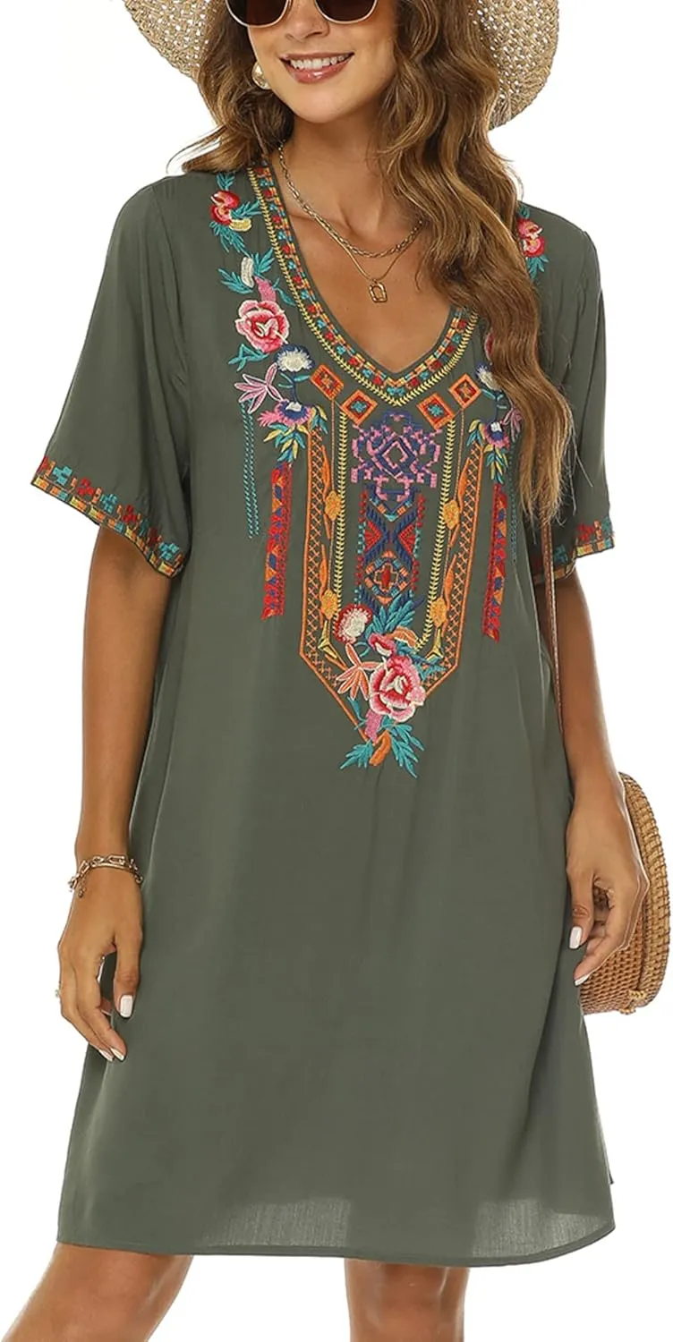 Women's Summer Boho Mexican Peasant Dress Short Sleeve Floral Embroidered Flowy Dresses Loose Hippie Bohemian Tunic