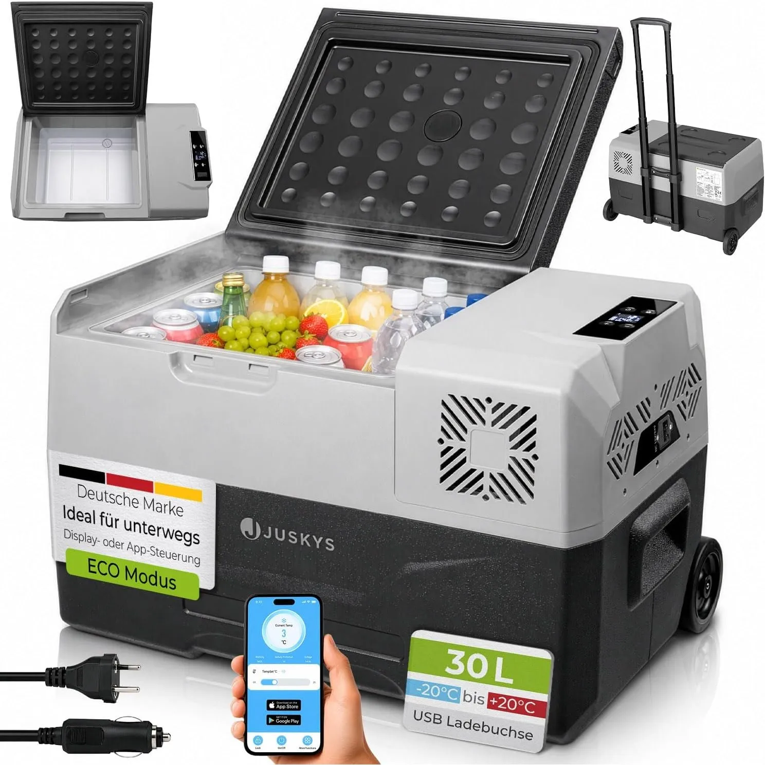 Juskys Kompressor Kühlbox 30 Liter 12/24/230 V für Auto, LKW, Reisemobil, Camping - Mini Kühlschrank kalt & warm - Komp…