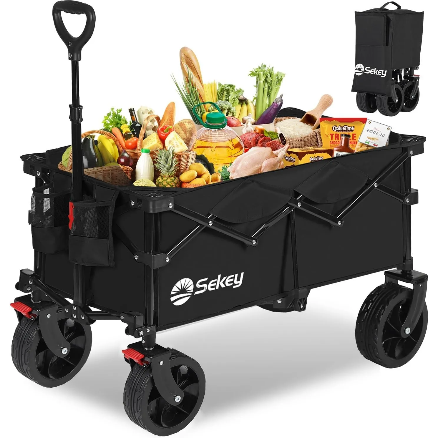Sekey XXL Bollerwagen Faltbar mit Bremsen 150L 150KG, Breite Reifen Alle Gelände, Patentiert Zusammenfaltbar aus 4 Rich…