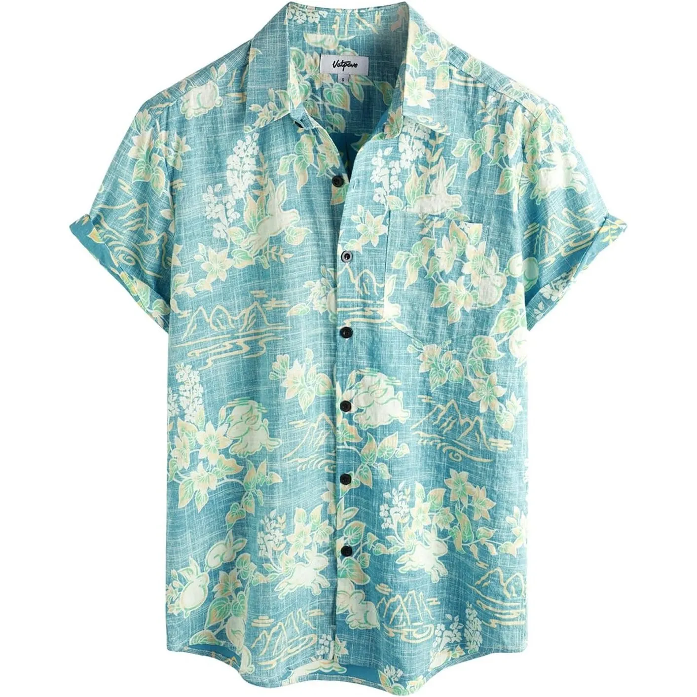 VATPAVE Herren Front Pocket HawaiiHemden Freizeithemden Blumen Kurzarm Knopfleiste Tropische Strandhemden
