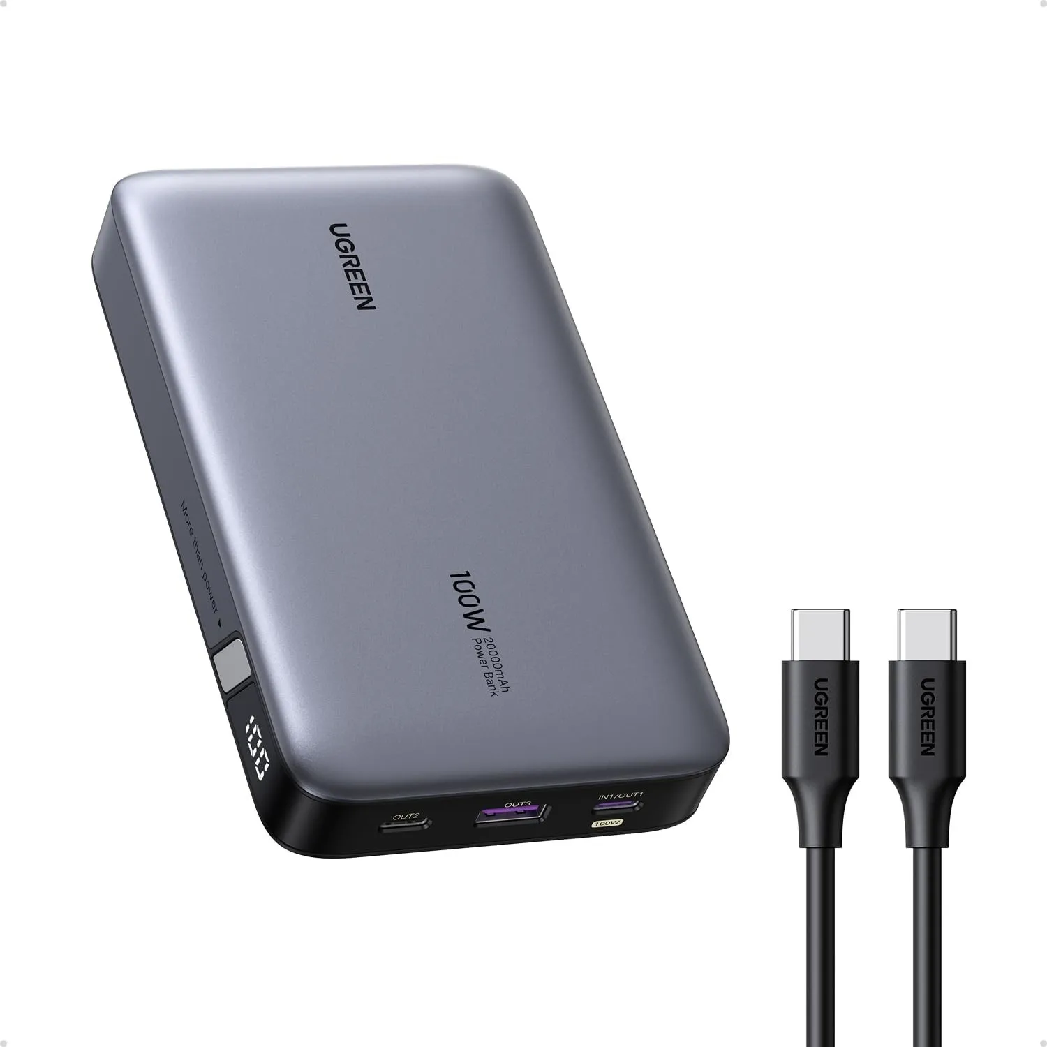 UGREEN Nexode Power Bank 20000mAh 100W, 2X USB-C+1x USB-A, Space Grau