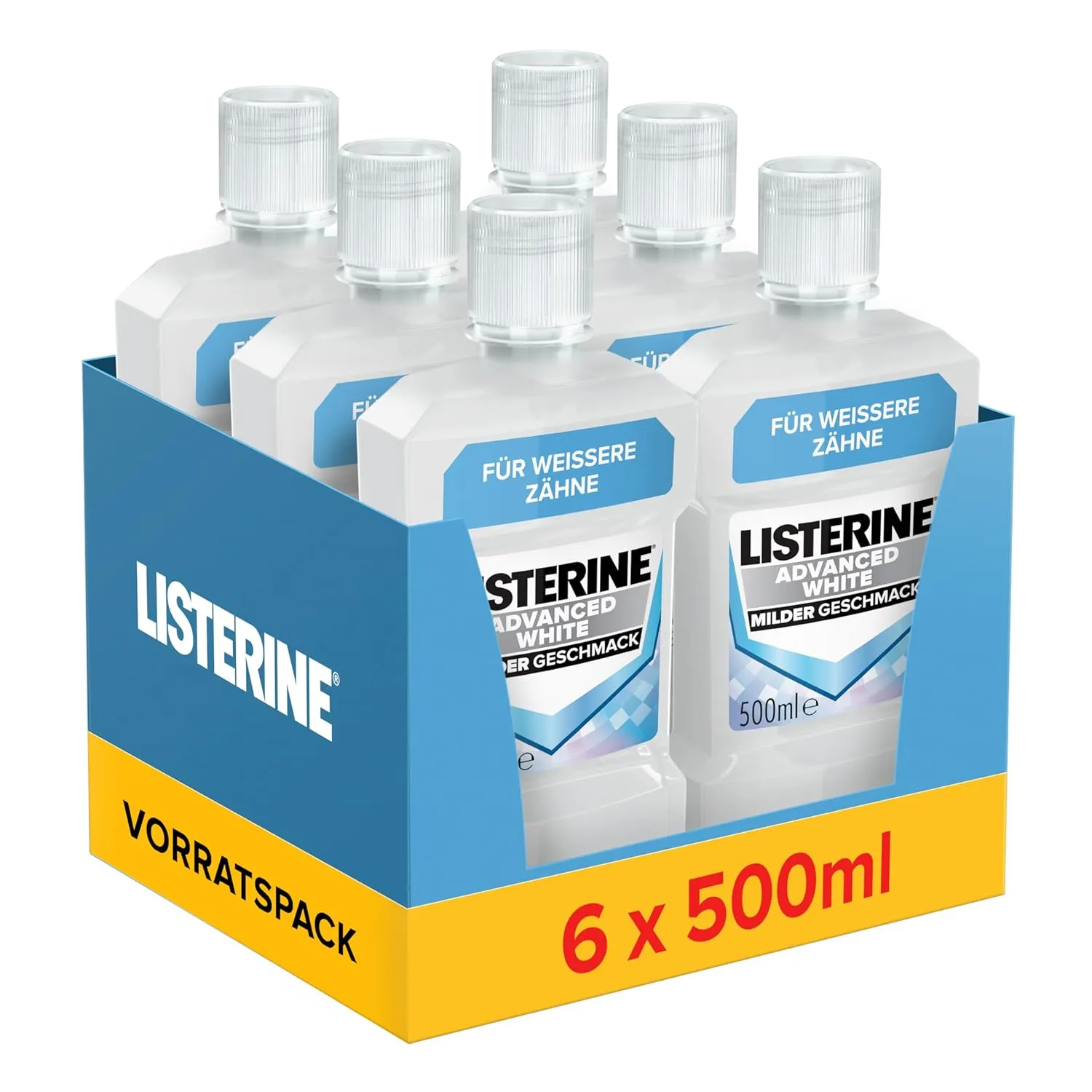 Listerine Advanced White Milder Geschmack 6x500 ml, Mundspülung zur Entfernung hartnäckiger
