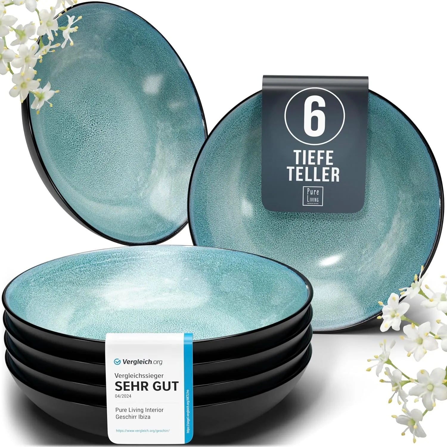 Steingut Suppenteller 6 Personen Ibiza TESTSIEGER, Traumhaftes Mediterranes Steingut Tiefe Teller Set, Pasta Teller Tie…