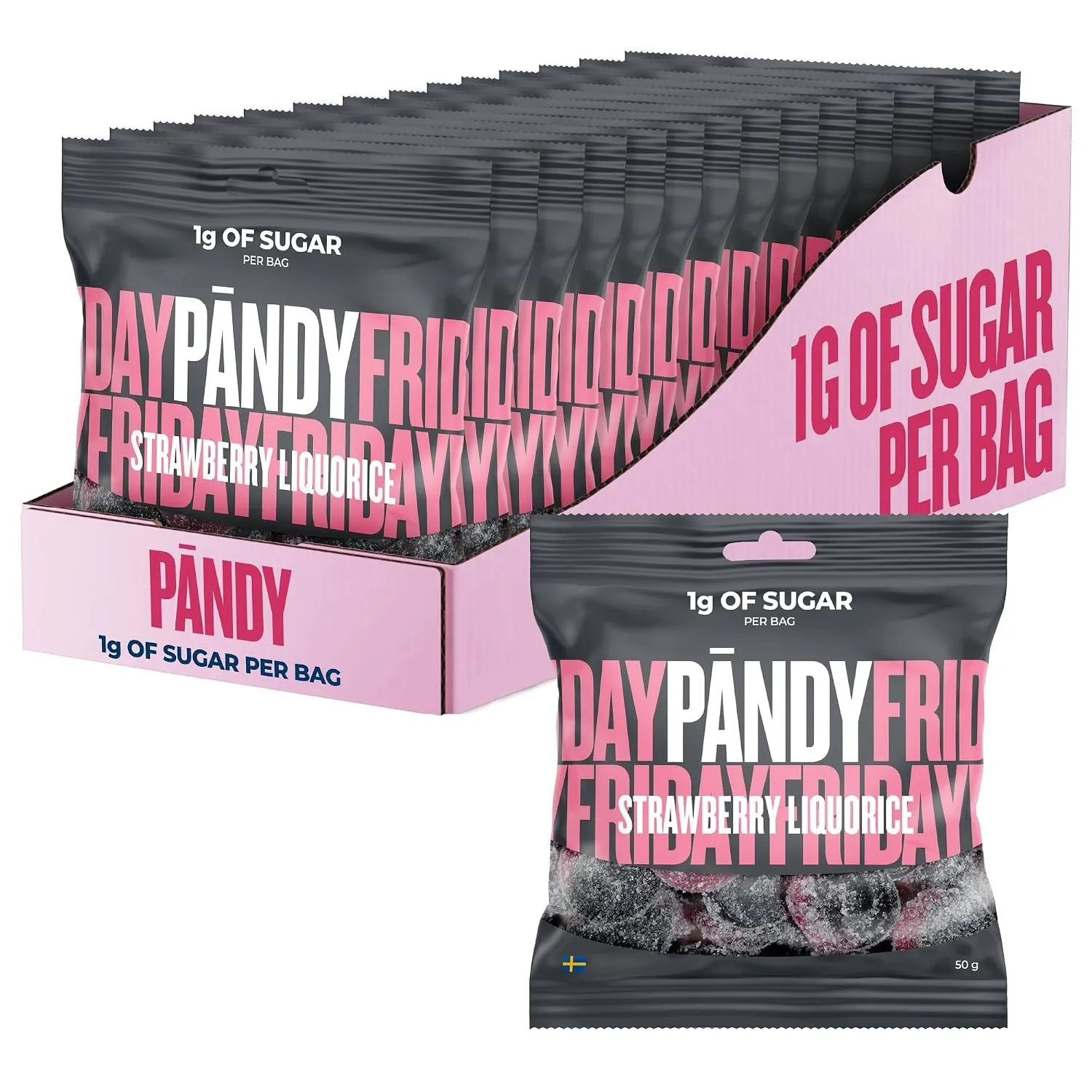 PÄNDY Strawberry Liquorice Zuckerfreie Süßigkeiten, 1g Zucker, 14x 50g