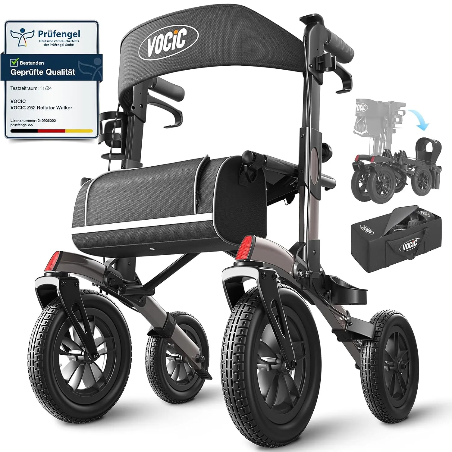 VOCIC Rollator Faltbar und Leicht mit Sitz,Outdoor Rollator mit Gummi-Nonluftbereifung für Allen Gelände,Aluminium Höhe…