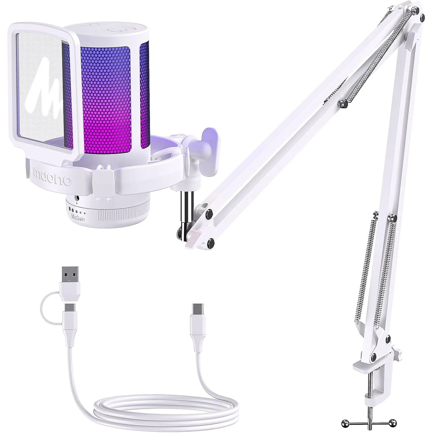MAONO Gaming Mikrofon, USB Microphone mit RGB-Licht, Geräuschunterdrückung, Stummschaltung, Gain, Galgenarm, Pop-Filter…
