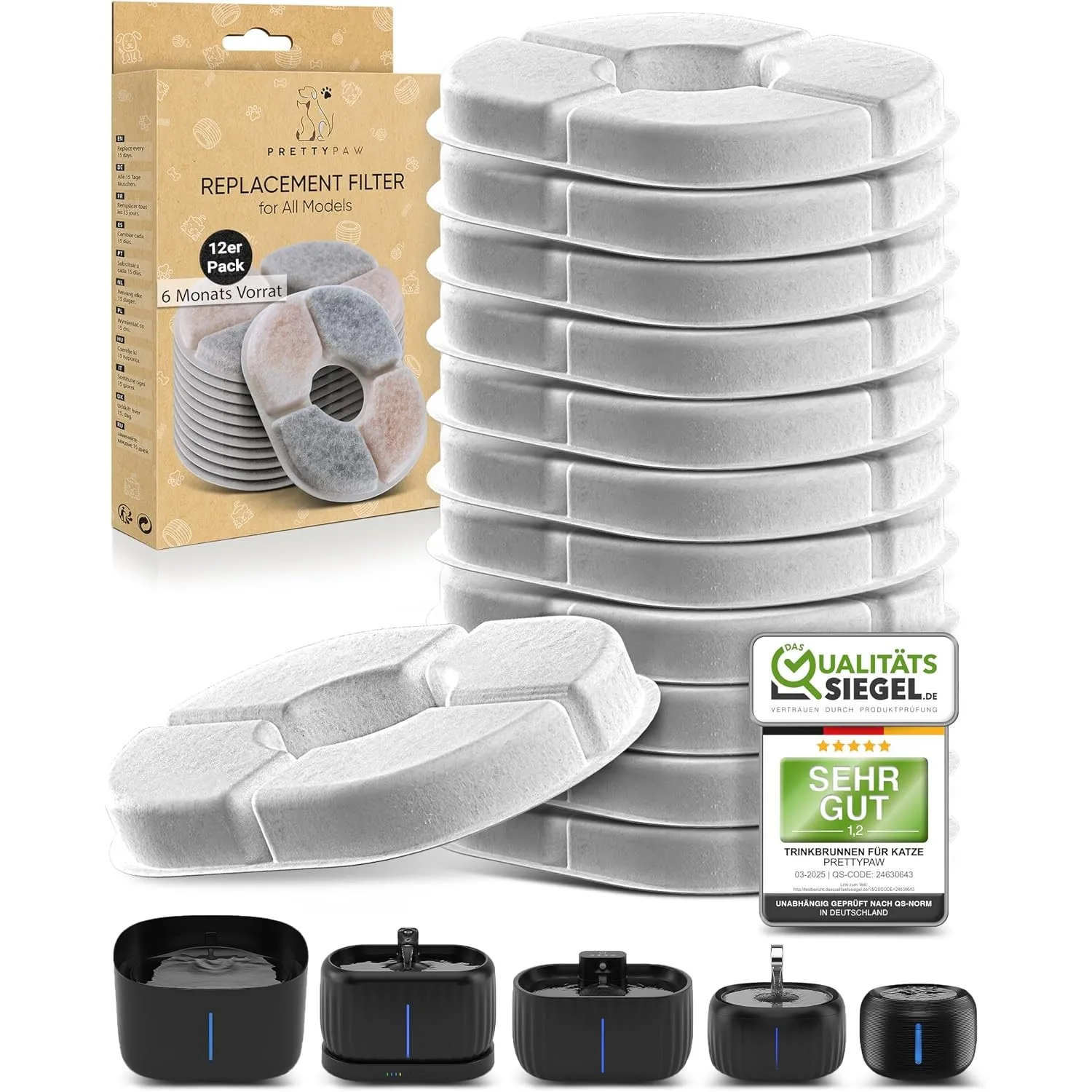 PRETTYPAW Filter für Katzenbrunnen – Original Ersatzfilter für alle Pretty Paw Trinkbrunnen | 12er Pack = 6-Monats-Vorr…