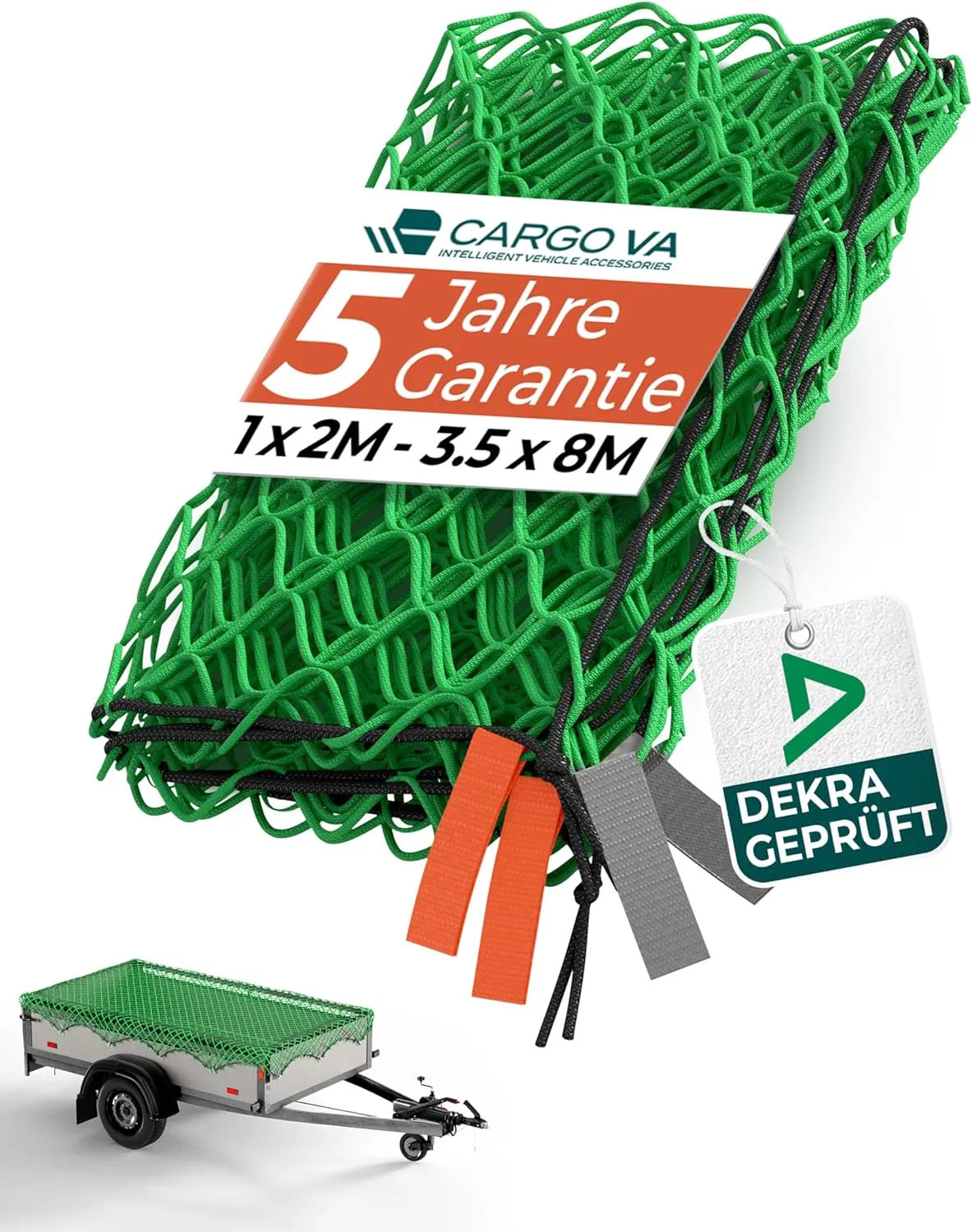 CargoVA Anhängernetz 1,5x2,2M [DEKRA Geprüft] - Ladungssicherungsnetz mit Gummiseil & Eckenmarkierung - Abdecknetz für …