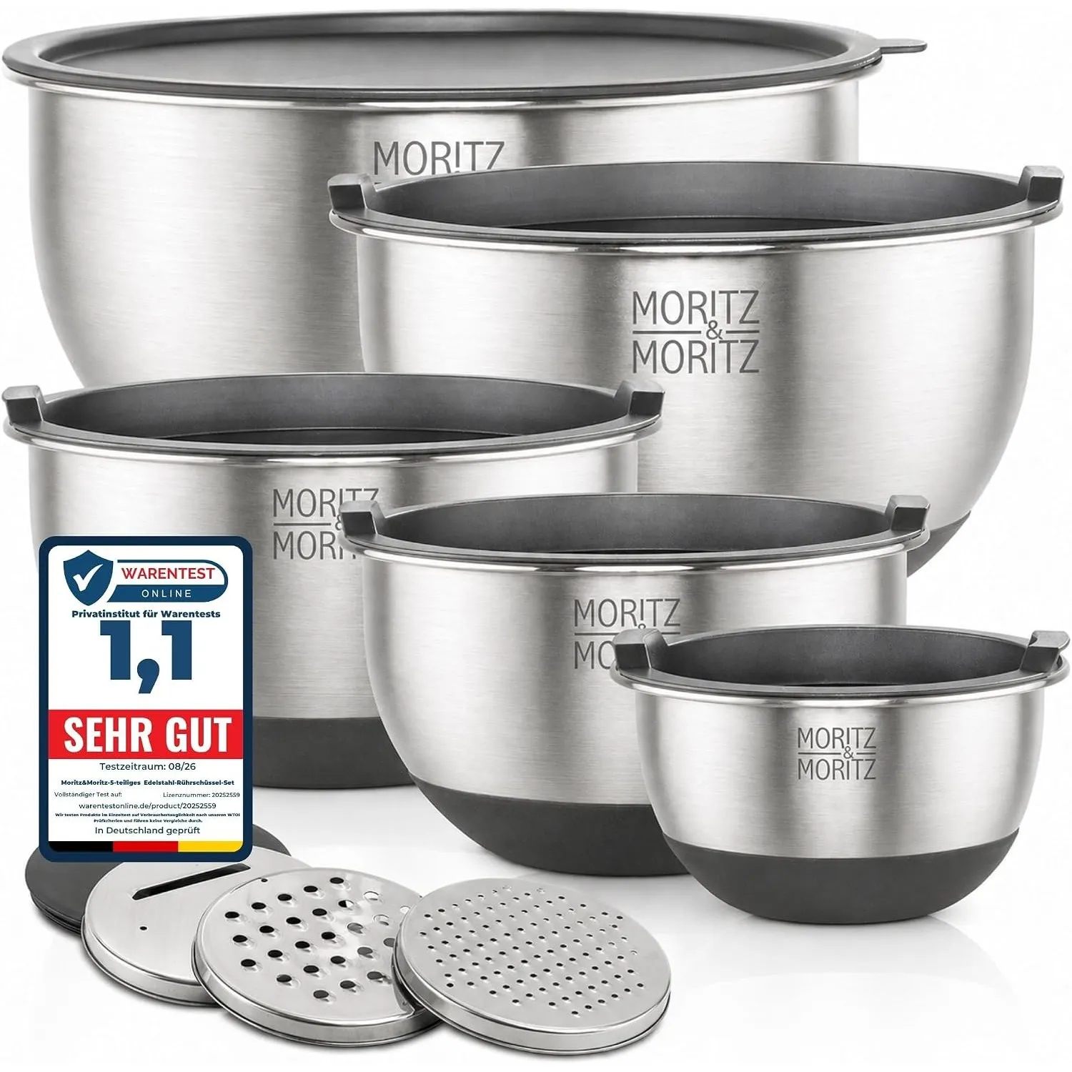 Moritz & Moritz 5er Rührschüssel mit Deckel - 0,6 bis 4,5L - Anti-Rutsch
