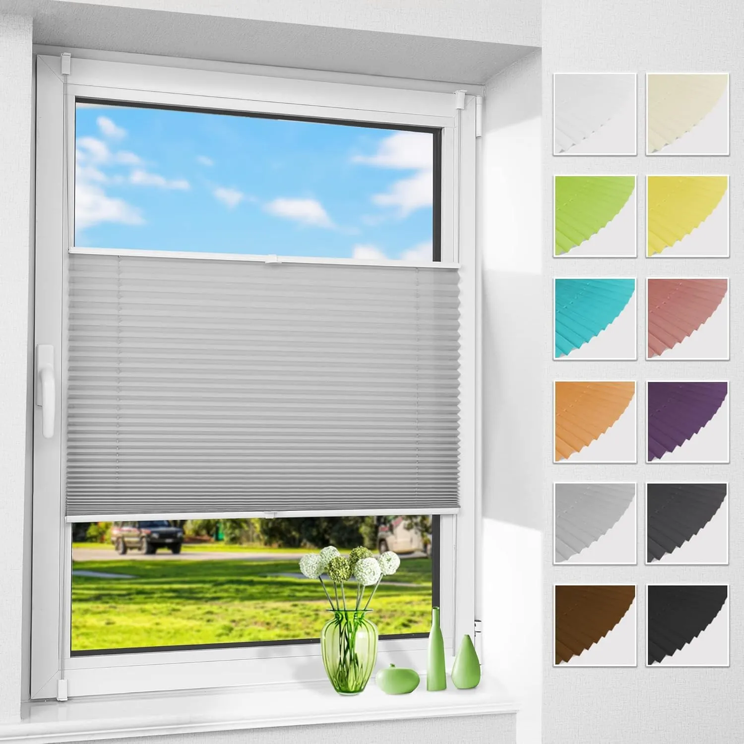 Allesin Pleated Blind, No-Drill with Clamping Brackets, for Windows and Doors, for Privacy and Sun Protection, Light Gr…