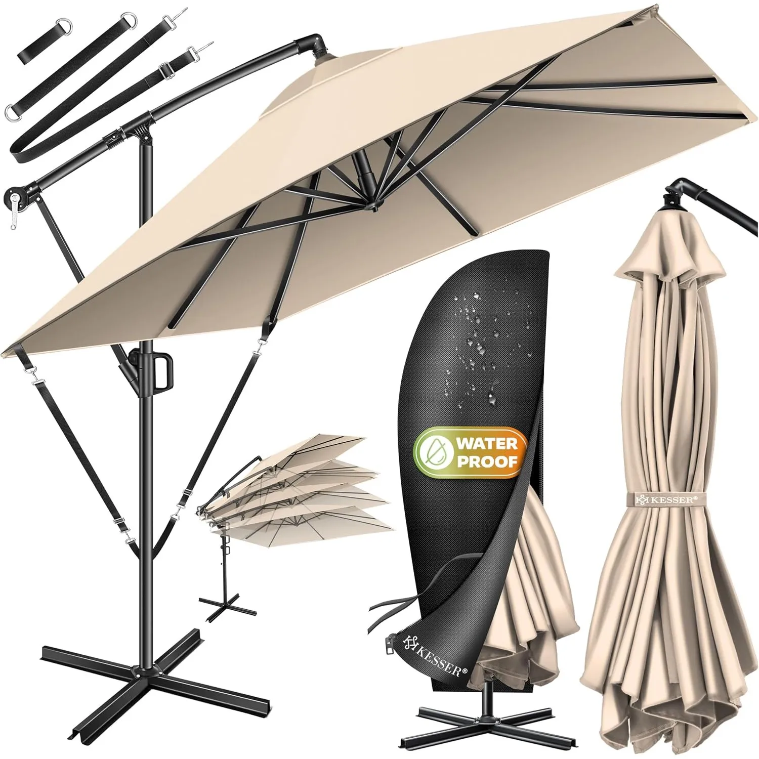 KESSER® Sonnenschirm 250x250cm, Kurbelschirm, Sonnenschirm Balkon, Garten, Sonnenschutz, Gestell & Ständer aus Alu + Ku…