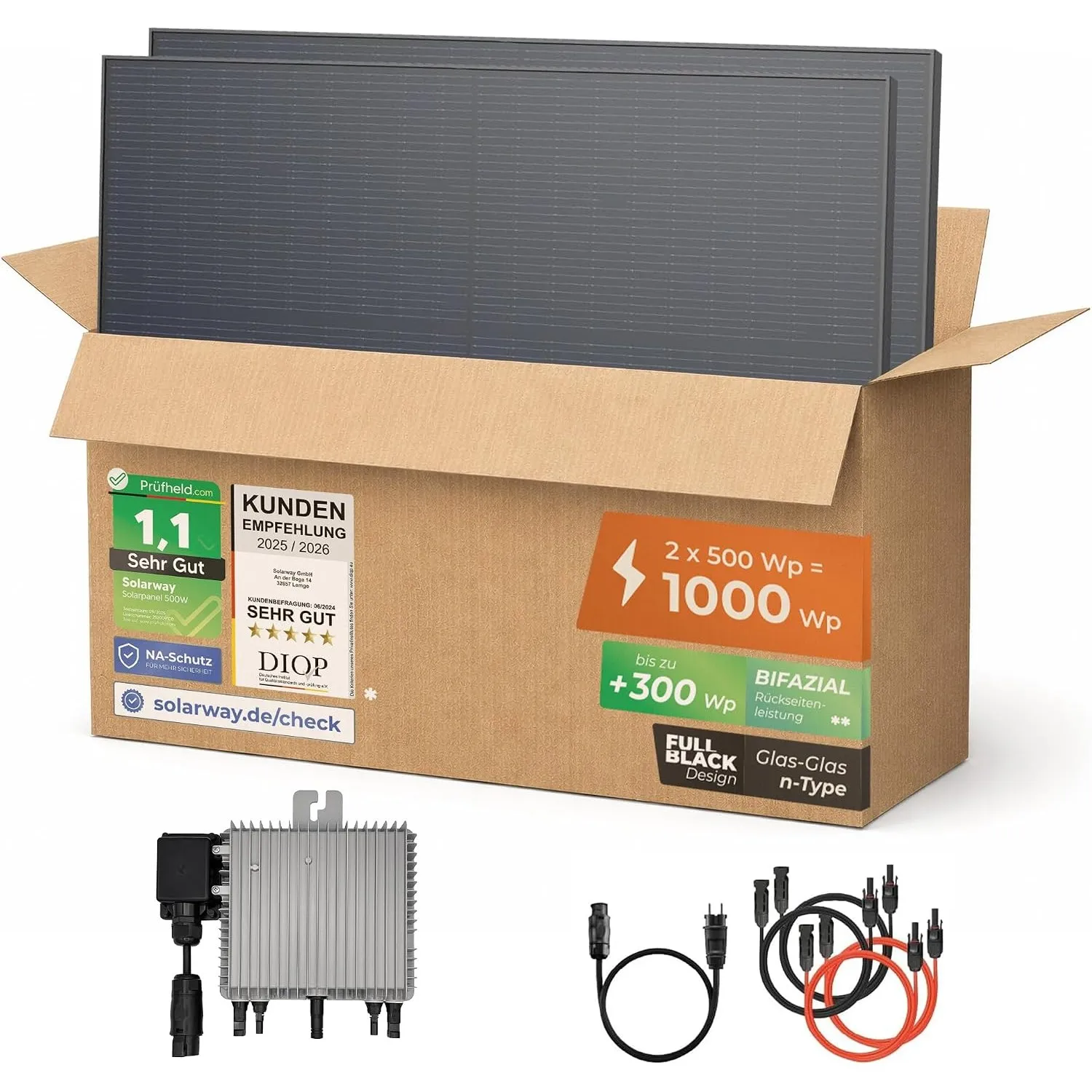 Solarway® 1000Wp / 800W Balkonkraftwerk - Deye SUN-M80G4-EU-Q0 800 Watt Wechselrichter - Komplettset mit 500W Solarmodu…
