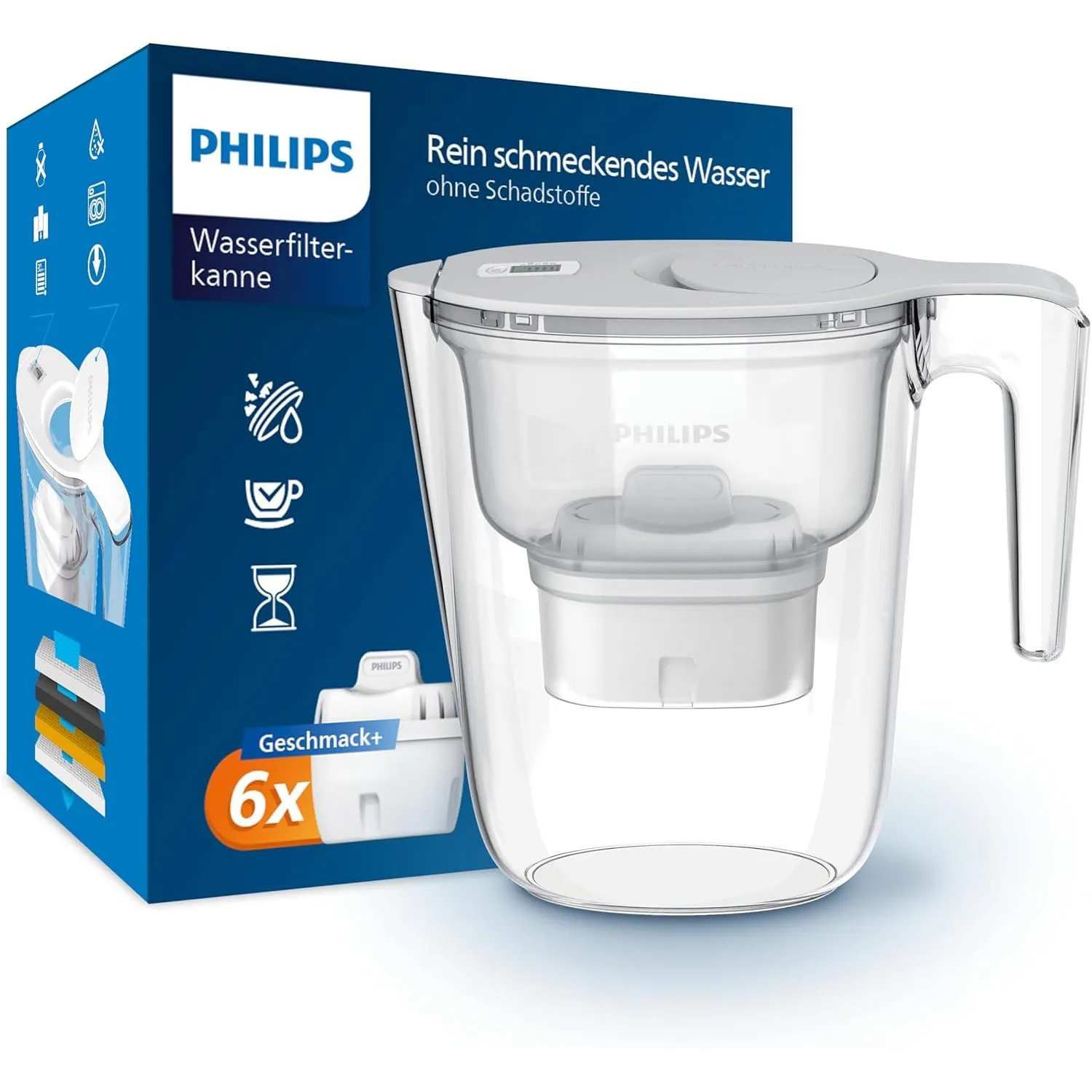 Philips Water Wasserfilterkanne +6 Geschmack+ Ersatzfilterkartuschen schneller Durchfluss elektronischer Timer filtert …