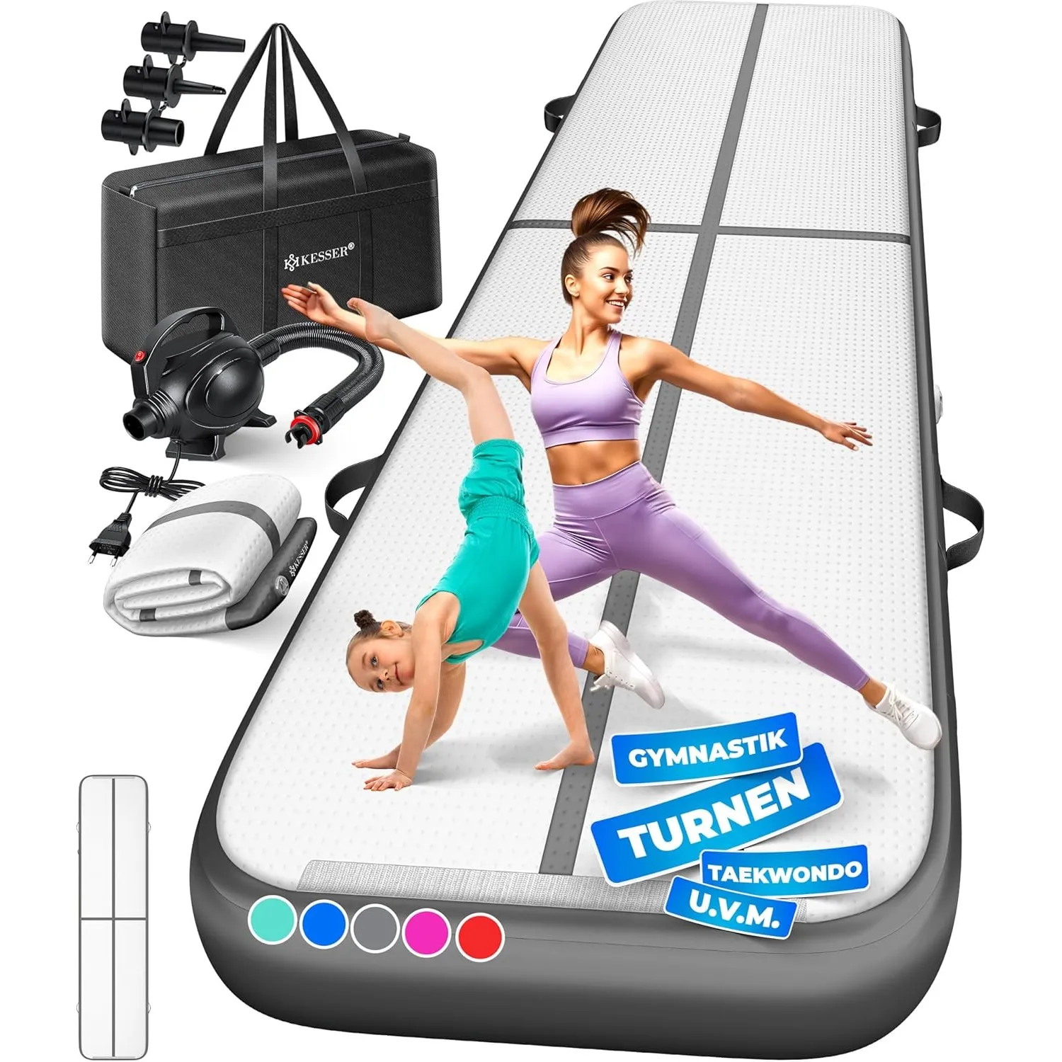 KESSER® Turnmatte Aufblasbar Airtrack 2m/3m/4m/5m/6m Fitness-Matte Gymnastikmatte | inkl. Tragetasche & elektr. Luftpum…