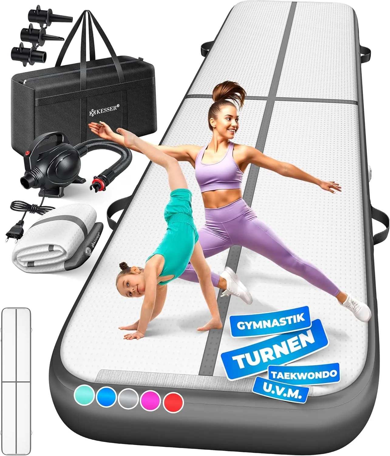 KESSER® Turnmatte Aufblasbar Airtrack 2m/3m/4m/5m/6m Fitness-Matte Gymnastikmatte | inkl. Tragetasche & elektr. Luftpum…