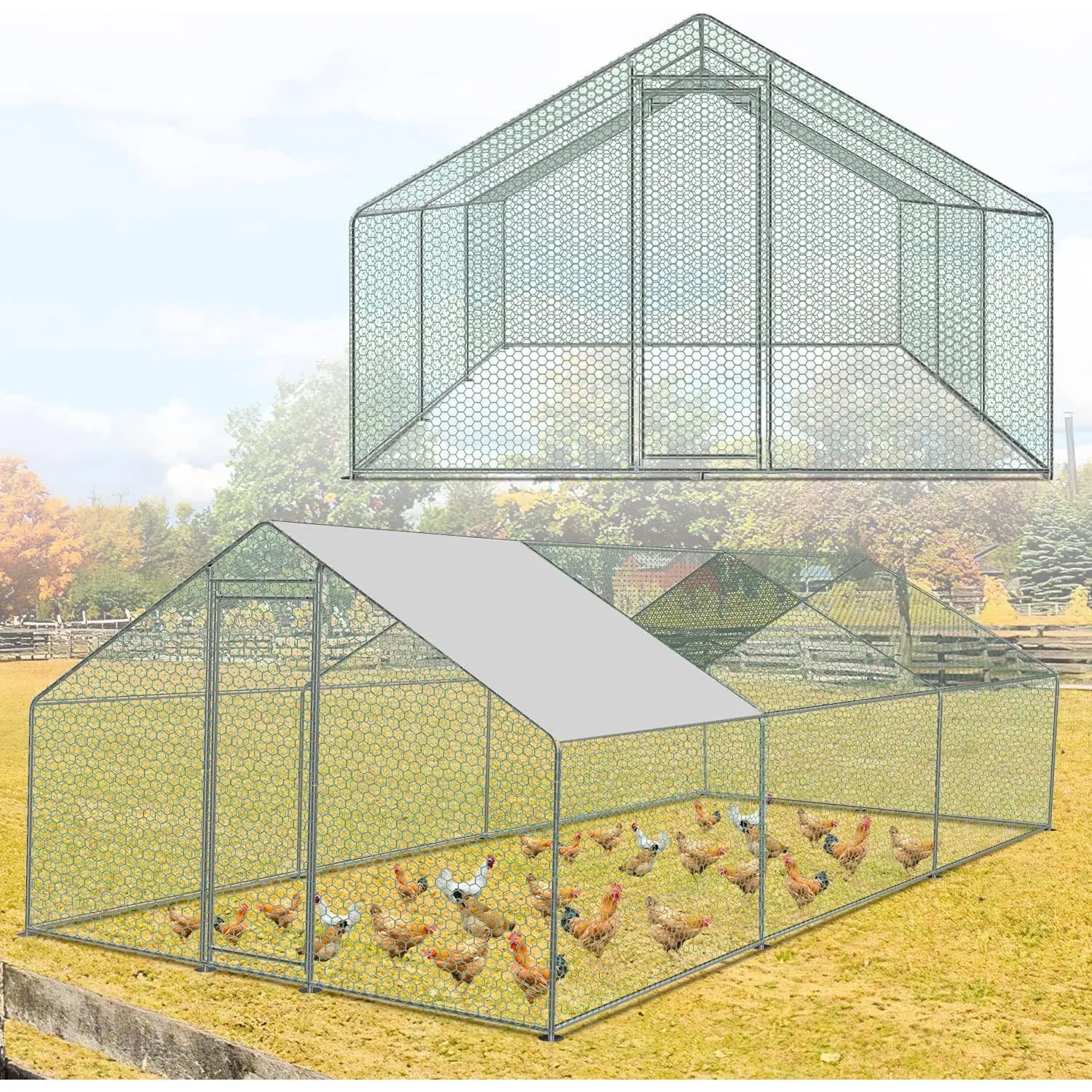 Sonnewelt Freilaufgehege 3x6x2m Hühnerstall Verzinkter Stahl Kleintierstall Hühnerhaus Dach Geflügelstall mit Sonnensch…
