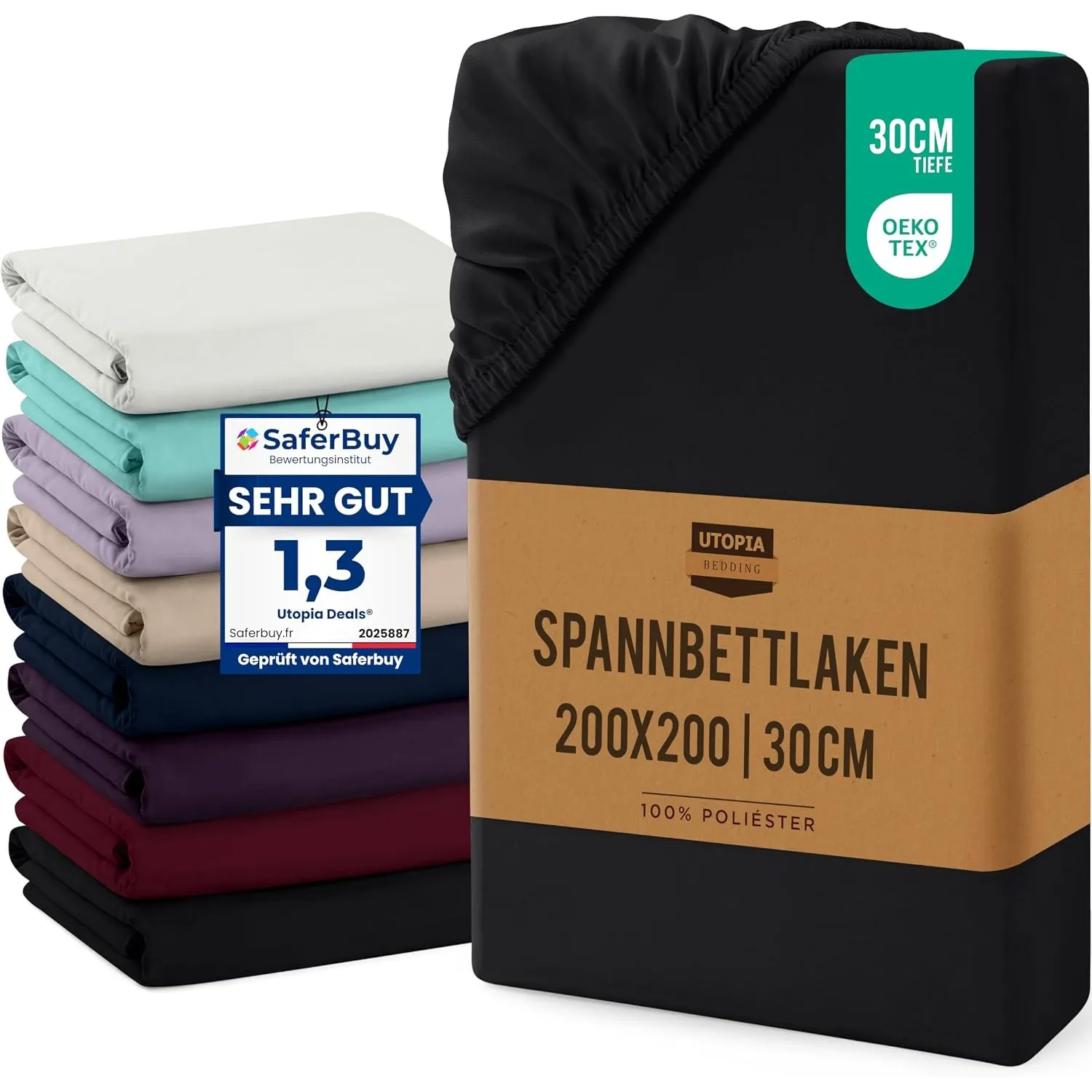 Utopia Bedding - Spannbettlaken 200x200cm Bis 30 cm - Schwarz