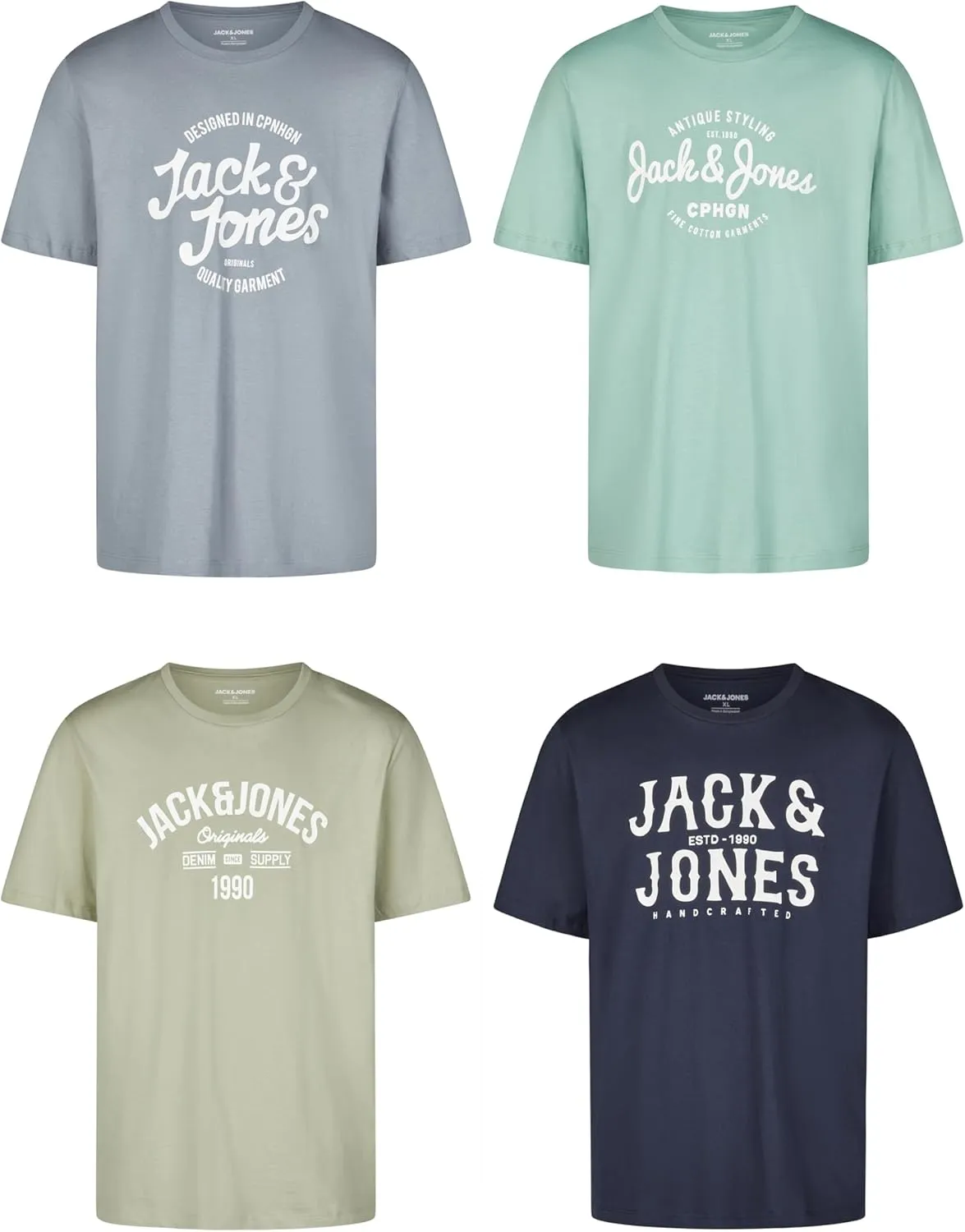 JACK & JONES Tshirt Herren Regular Fit JJLINO 4er Pack Set Pack Rundhals Kurzarm Sommer Tee Shirt Print Schwarz Weiß Gr…