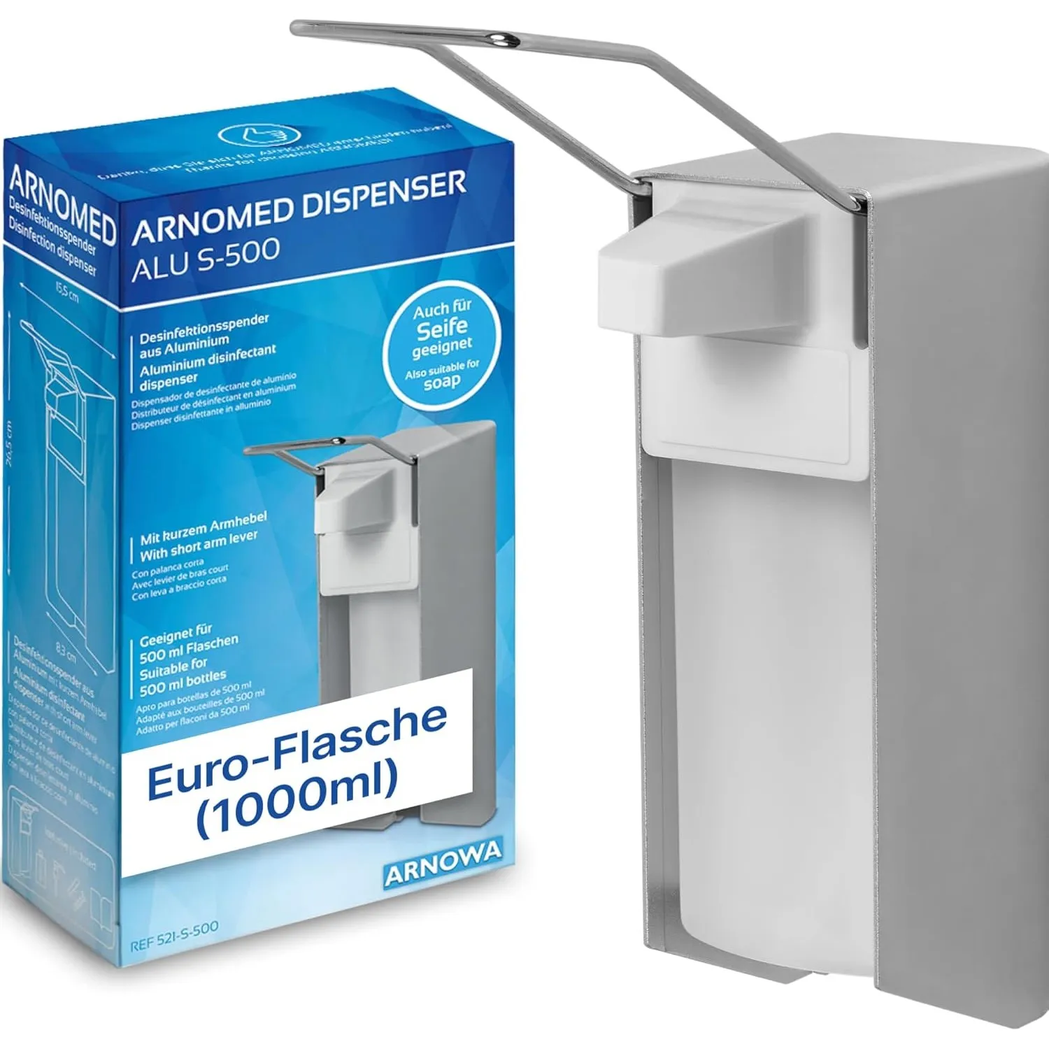 1x ARNOMED® Desinfektionsspender Alu, Seifenspender 1000ml, Langer Armhebel