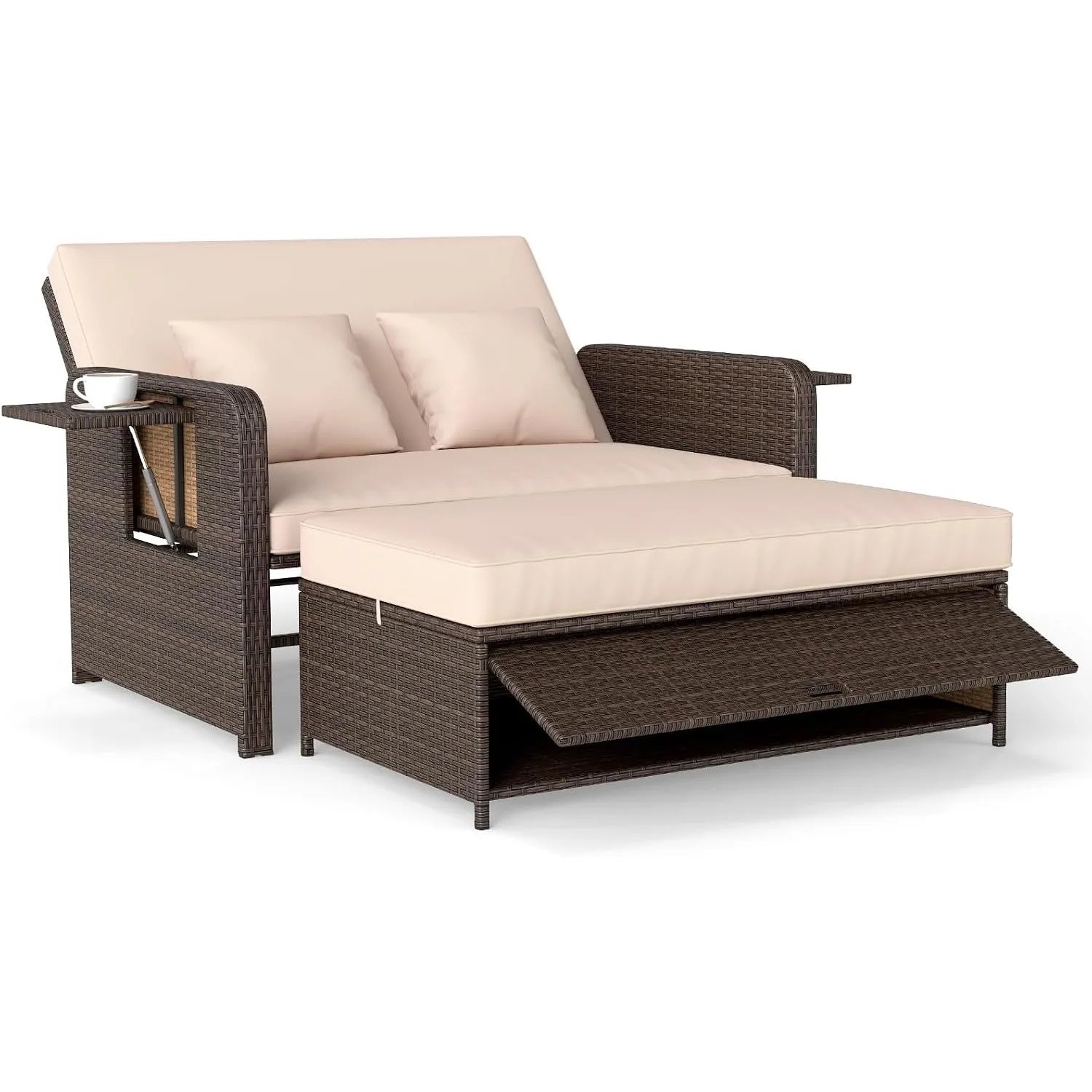 COSTWAY 3 in 1 Polyrattan Sonnenliege, Gartenliege mit Verstellbarer Rückenlehne & Seitenablagen, Loungebett, Doppellie…