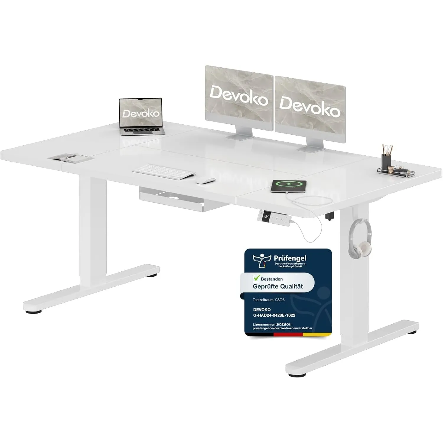 Devoko Höhenverstellbarer Schreibtisch 160x80cm mit Typ-C Ladeanschluss, Mobiler Elektrisch Computertisch mit Kabel Man…