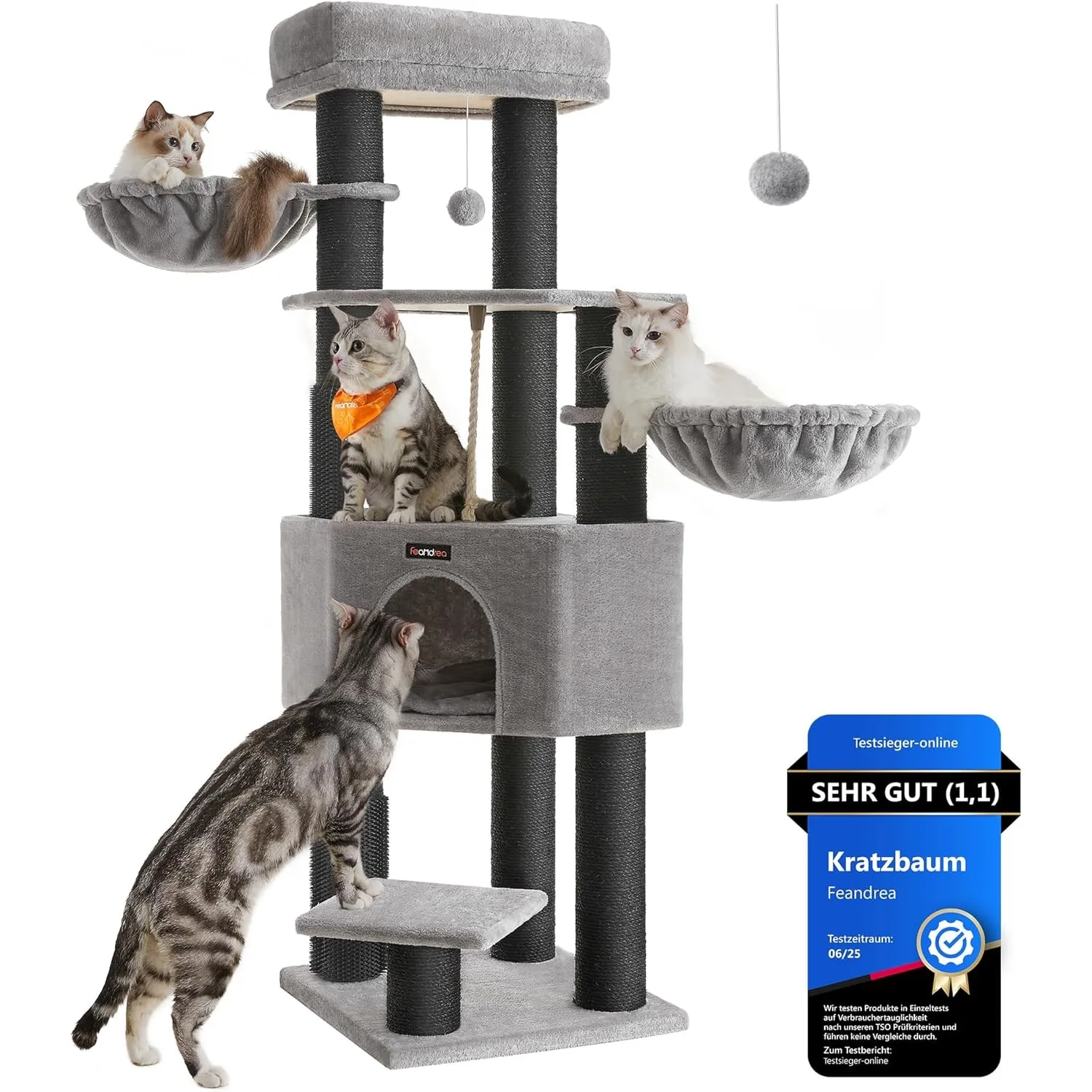 Feandrea Kratzbaum, 11,1 cm Dicke Stämme, 2 Katzenbürsten, 50 x 50 x 160 cm