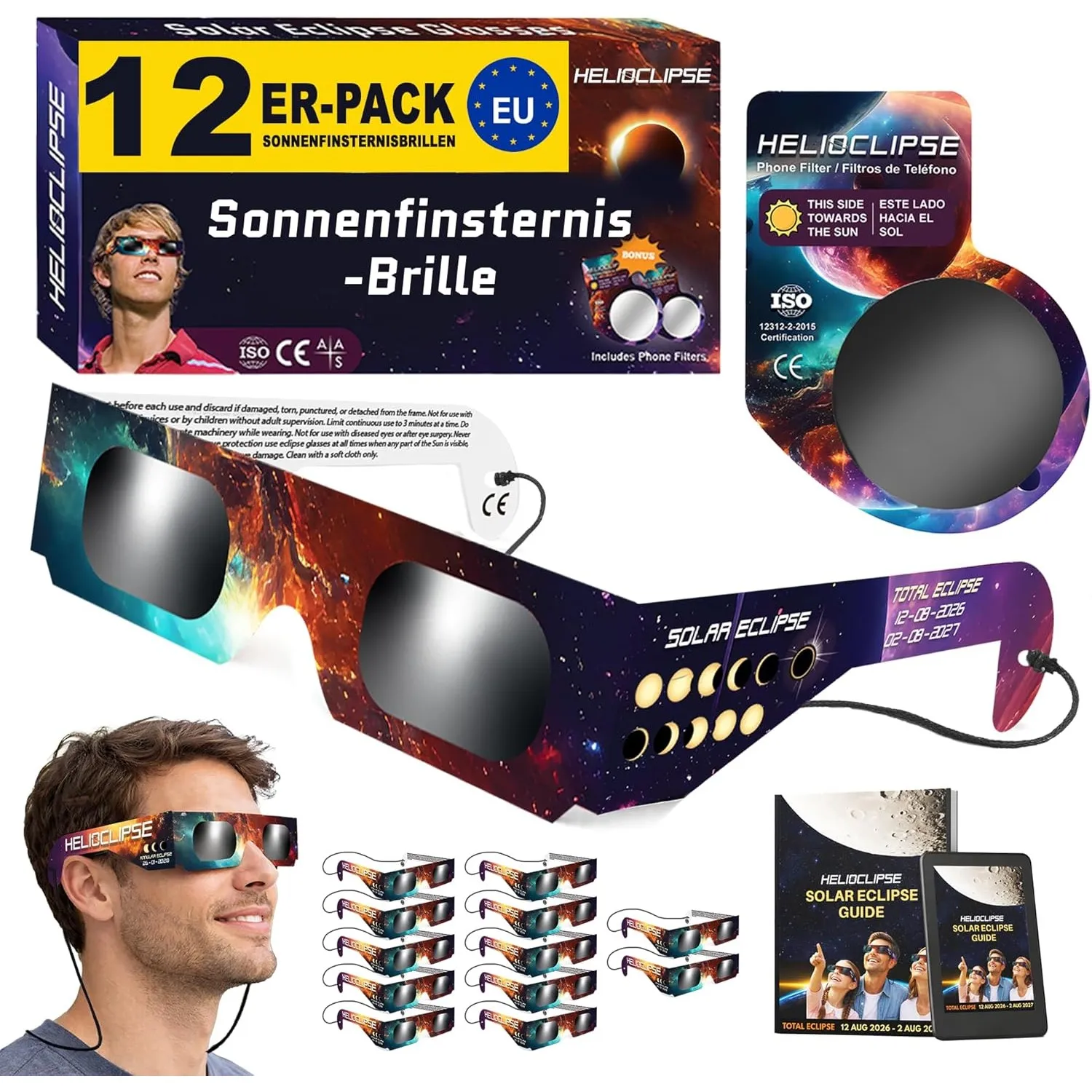 Helioclipse 6/12/25/50/100 Sonnenfinsternis Brille ISO 12312-2 Zertifiziert 2026 - Brillen Sonnenfinsternis - Schutzbri…